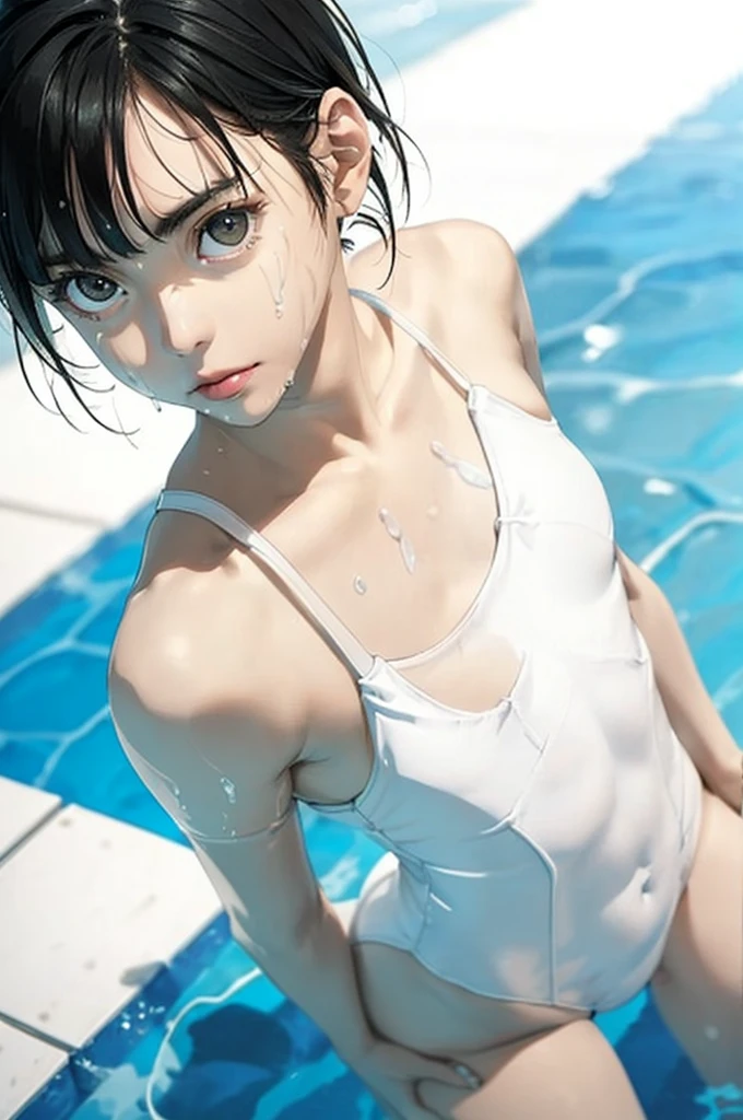 ((((Close-up angle looking up from below))))13-year-old girl, solo,(((Small breasts: 1.6))), ((((Embarrassing,))))((((Wearing a white swimsuit、))))((((Various poses、))))A sexy masterpiece with wet hair, Highest quality, Realistic, Ultra-detailed, (Glowing Skin, sweating: 1.4), View your viewers,((((very short hair with black hair)))))thin, Dynamic light and shadow, High resolution, Sharp focus, Depth of written boundary, Embarrassing, Sharp pupils, Realistic生徒, (Thigh Thickness: 1.0), Indoor swimming pool