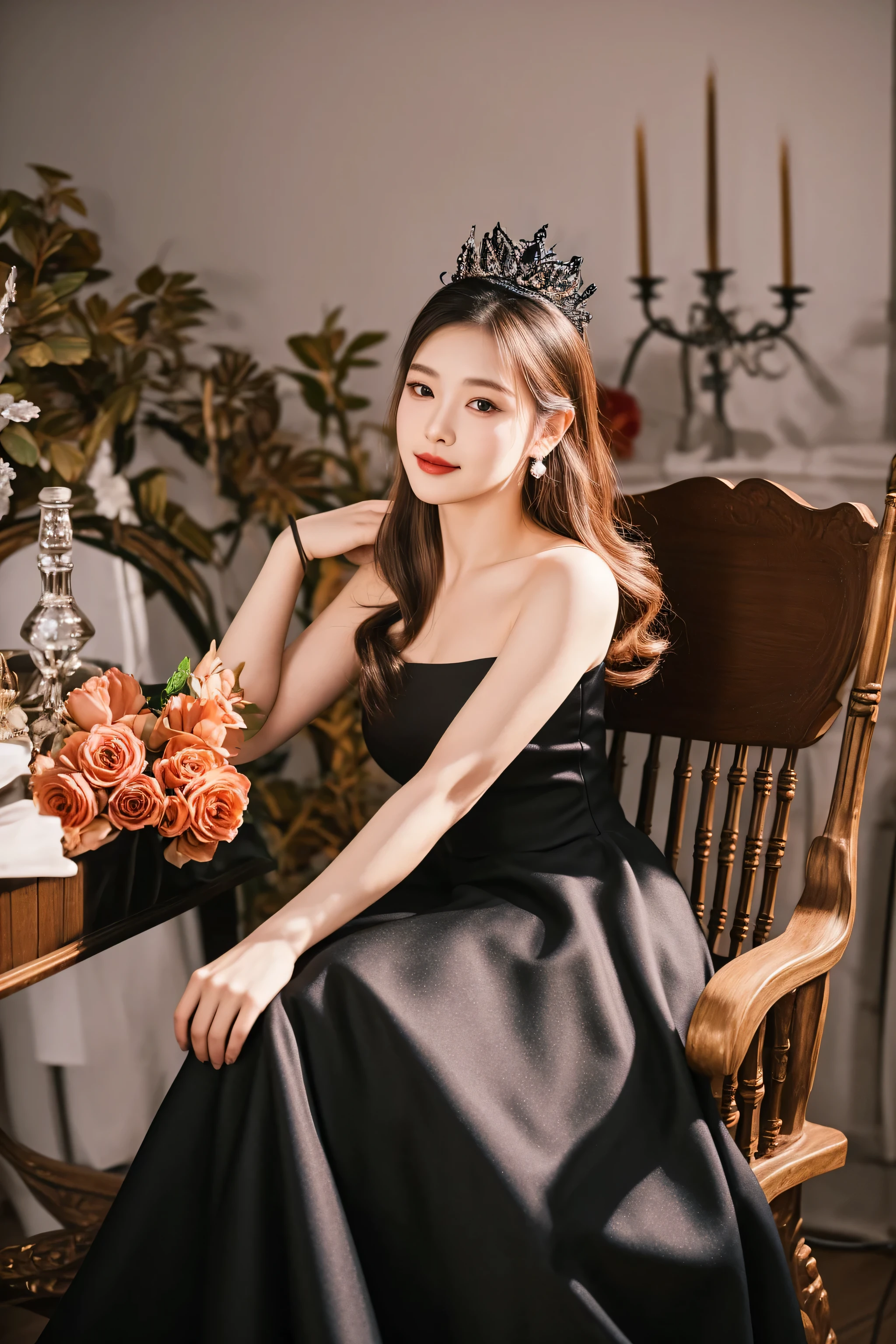 there is a woman sitting at a table with a bouquet of flowers, royal elegant pose, an elegant woman in black dress, black gown, cute elegant pose, elegant dress, wearing long gown, with crown, wearing a black noble suit, she is wearing a black dress, lovely queen, wearing an elegant dress, gorgeous young korean woman, elegant smiling pose