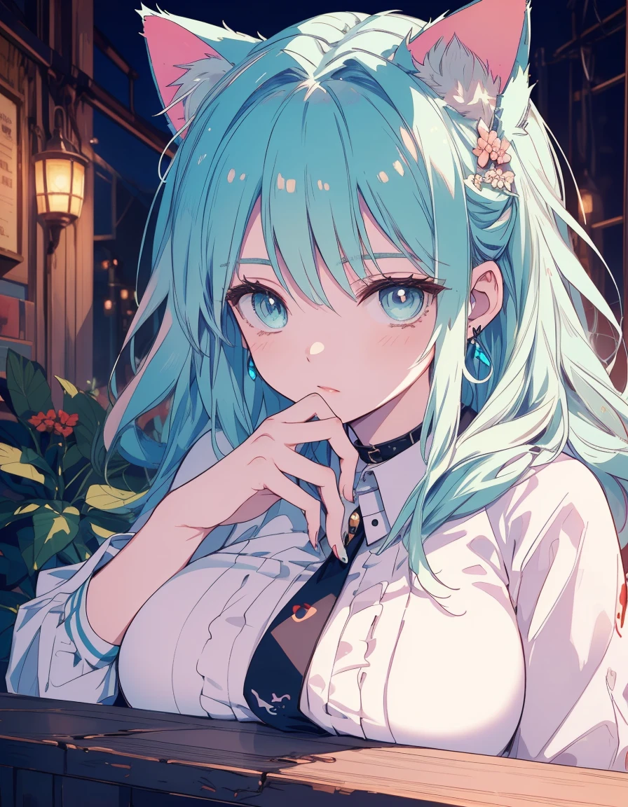 cafe, sunset, writing, thinking, ((masterpiece, best quality:1.5)), ((Beautiful detailed cat aqua eyes:1.2)), cat ears, pale skin, medium breasts, beautiful hands, beautiful fingers, EasyNegative