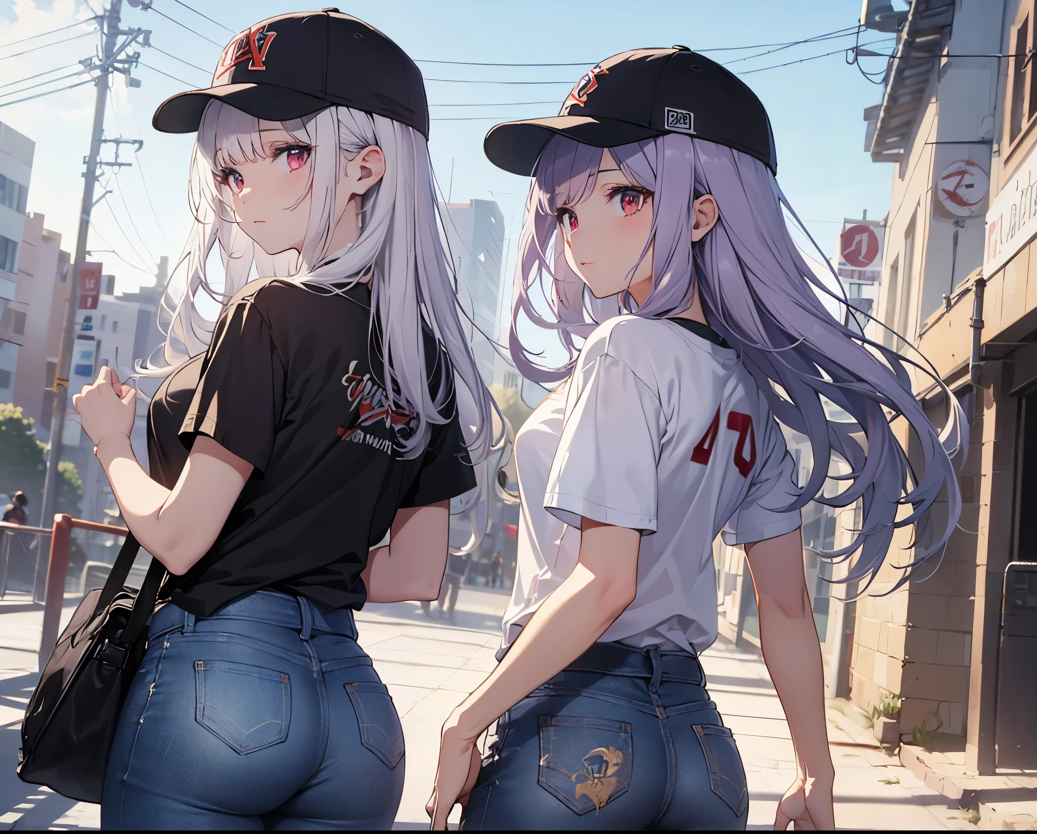(Close-up:1.3),Realistic,Highest quality, Super detailed, High-quality CG rendering, The most delicate and beautiful, Floating softly, High resolution, (1 girl), (Highest quality,4K,8k,masterpiece:1.2), Light purple hair,(Long Hair:1.5),Red eyes,(Pure white oversized short sleeve T-shirt:1.3),(Black skinny jeans:1.3),(Pure white baseball cap:1.3),In the city,old buildings,Narrow back alley,(Turn your back to your audience:1.3),Butt