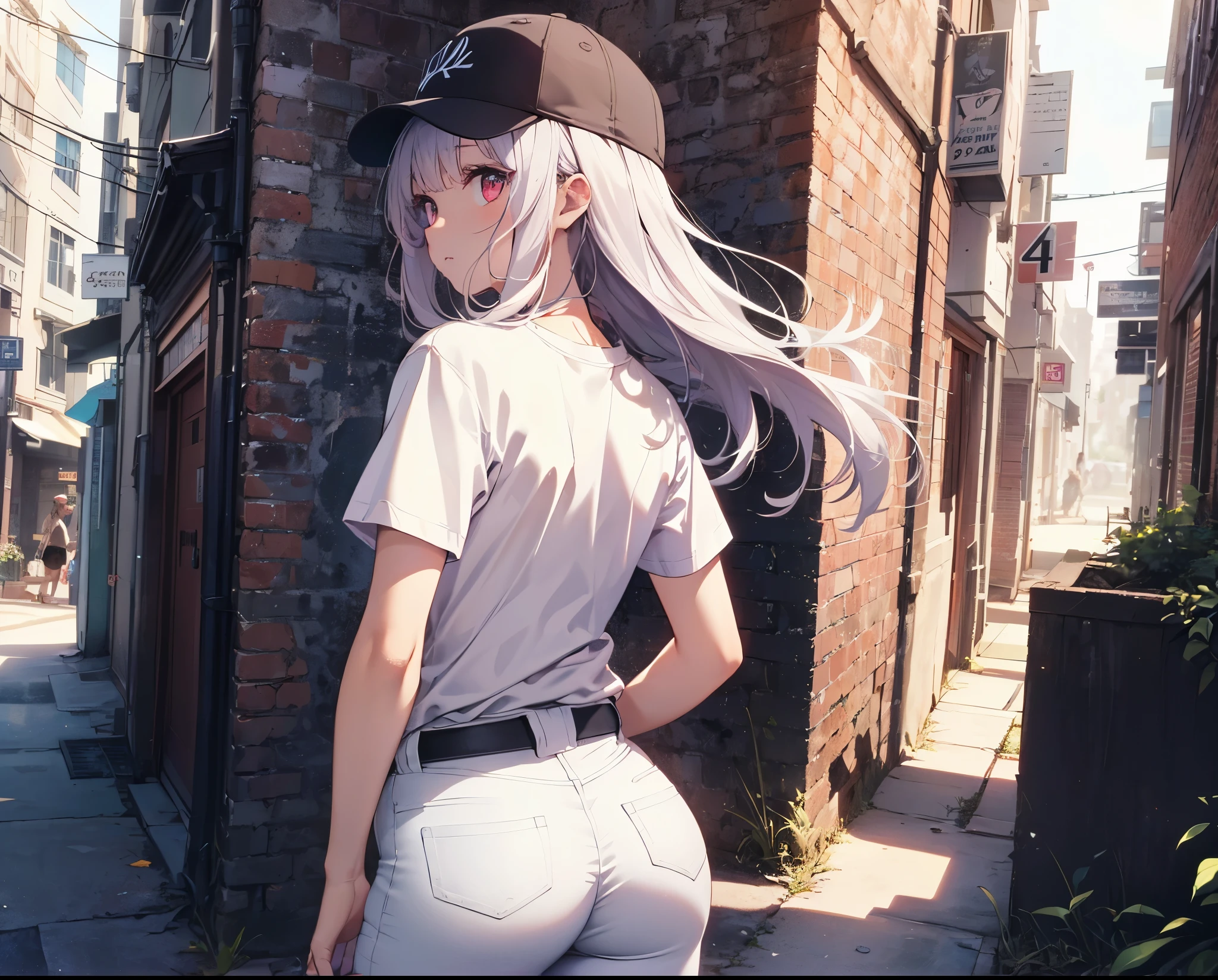 (Close-up:1.3),Realistic,Highest quality, Super detailed, High-quality CG rendering, The most delicate and beautiful, Floating softly, High resolution, (1 girl), (Highest quality,4K,8K,masterpiece:1.2), Light purple hair,(Very long ponytail:1.5),Red eyes,(Pure white oversized short sleeve T-shirt:1.3),(Black skinny jeans:1.3),(Pure white baseball cap:1.3),In the city,old buildings,(Turn your back to your audience:1.3),Butt