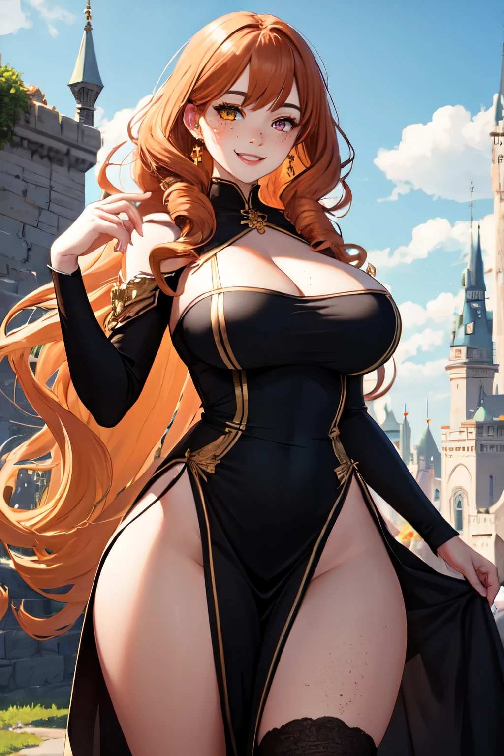((Gold and black dress)), ((solo)) 1girl,tomboy (Long curly)orange hair, ,big breasts (masterpiece,mature,detailed, high quality) (smile) elegant, beautiful, freckles, realistic, heterochromia, ((curvy thighs)) (castle background, scenic)