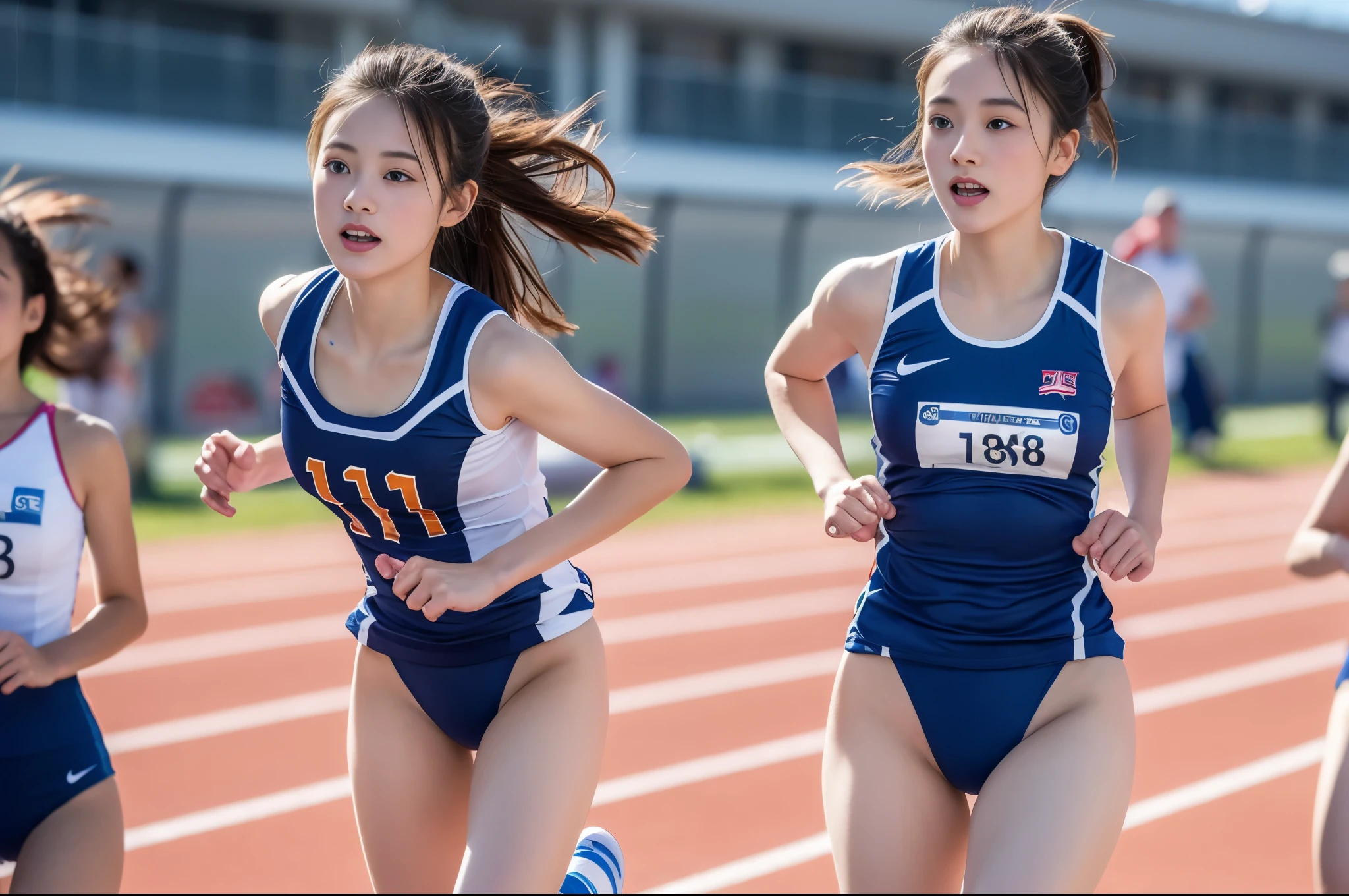 Highly detailed CG Unity 8k wallpaper、Highest quality、Ultra-detailed、masterpiece、Realistic、Photo realistic、A cute girl drawn in great detail、18-year-old、Track and field athlete costumes、Japanese、Panty Focus、Run、breast enhancement、Semi Body Shot、Athletics Stadium、crowd、