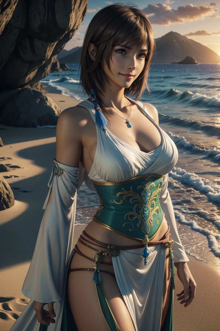 The best one,Yuna,Final Fantasy 10,FF10,Medium Hair,Brown hair,Let your bangs down,Beautiful green and blue odd eyes,,Beautiful and tall nose,Photorealistic,Ultra HD,high quality,masterpiece,Digital SLR,Detailed details,Intricate details,Anatomical basis,Depicted in detail,A detailed face,Realistic skin texture,Vivid details,Perfect Anatomy,Perfect Anatomy,Anatomically correct hand,Anatomically correct fingers,Super Detail,Complex 3D rendering,Huge ,Sexy pose,Final Fantasy 10の美しい世界,White long dress,Beautiful sunset,Beautiful beach at sunset,Fantastic beaches,Fantasy worldview,Picturesque,Pink Lips,smile,