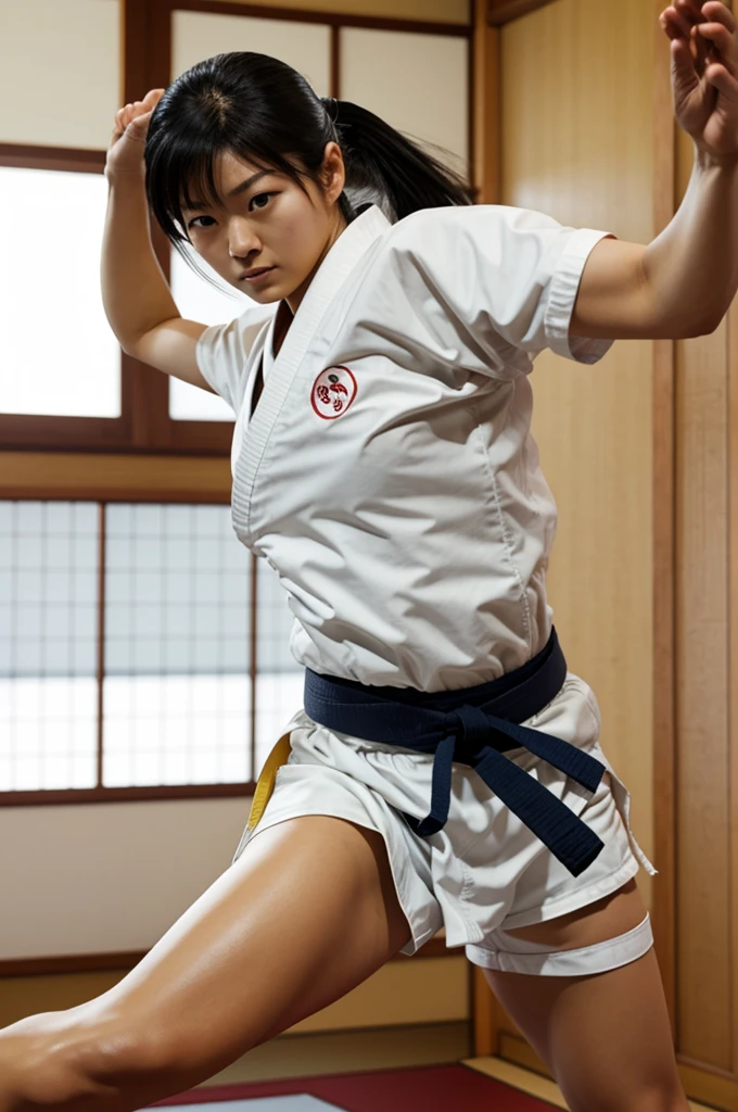 masterpiece, best quality, illustration, 1girl, (from head to knee, full body), perfect body, ultra Quality, cute-beauty girl, medium breasts, micro judo uniform, skinny, ((under boob)), ((sexy judo uniform)), perfect body, beauty girl, best anatomy, (perfect arms), (perfect hands) black short hair, beautiful eyes, japanese girl, lovery, lovely, look at viewer, (fighting stance), sexy judo uniform, sexy, underboob, shirt, karate