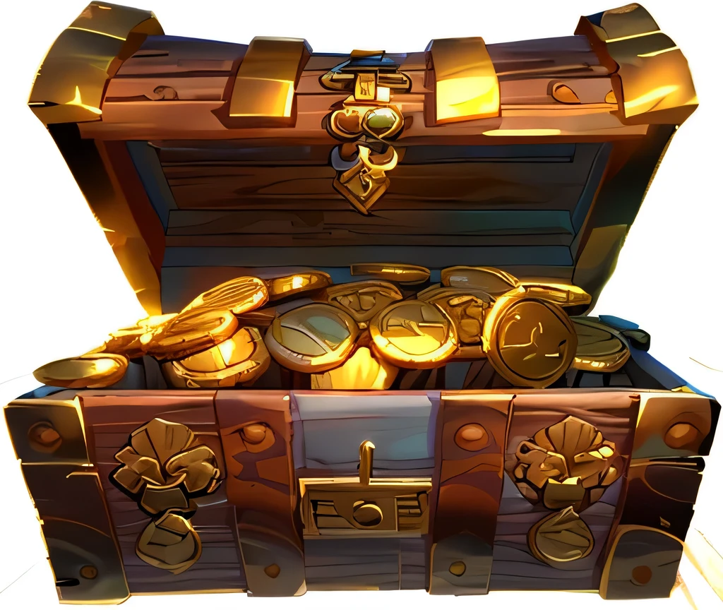 Treasure chest, wood, gold coins, stylized, best quality