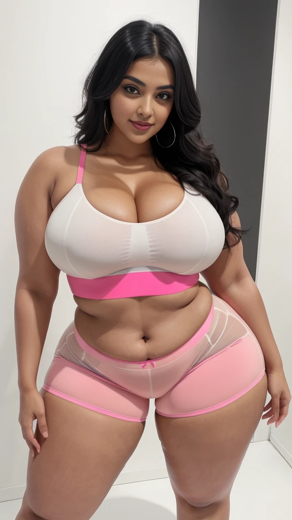 Radhika marchent Indian beautiful woman curvy plus size hour glass bulky huge figure woman, closeup camera view, big huge m-cup breast, wearing SHEIN Teen Girl Letter Graphic Cami Top & Shorts & Mesh Top Color: Multicolor , covered Bust , elegant standing position, eye contact view, different style hairstyle, bright eyes, thin eyebrows, fair skin, blushing cheeks, prefect head to toe view, full body, ideal for high-fashion or editorial shoots, ultra realistic skin texture, head to toe view, full body shot, full body view, smile face, black hair, Indian face, perfect skin tone light, ultra realistic skin texture, bigger waist, busty, big hips, fleshy thighs, thick thighs, busty, full body view, Modern Art Museum: Sleek, contemporary architecture and art pieces.