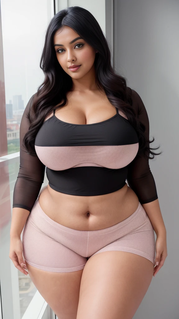 Radhika marchent Indian beautiful woman curvy plus size hour glass bulky huge figure woman, closeup camera view, big huge m-cup breast, wearing SHEIN Girl Letter Graphic Cami Top & Shorts & Mesh Top Color: Multicolor , covered Bust , elegant standing position, eye contact view, different style hairstyle, bright eyes, thin eyebrows, fair skin, blushing cheeks, prefect head to toe view, full body, ideal for high-fashion or editorial shoots, ultra realistic skin texture, head to toe view, full body shot, full body view, smile face, black hair, Indian face, perfect skin tone light, ultra realistic skin texture, bigger waist, busty, big hips, fleshy thighs, thick thighs, busty, full body view, Modern Art Museum: Sleek, contemporary architecture and art pieces.