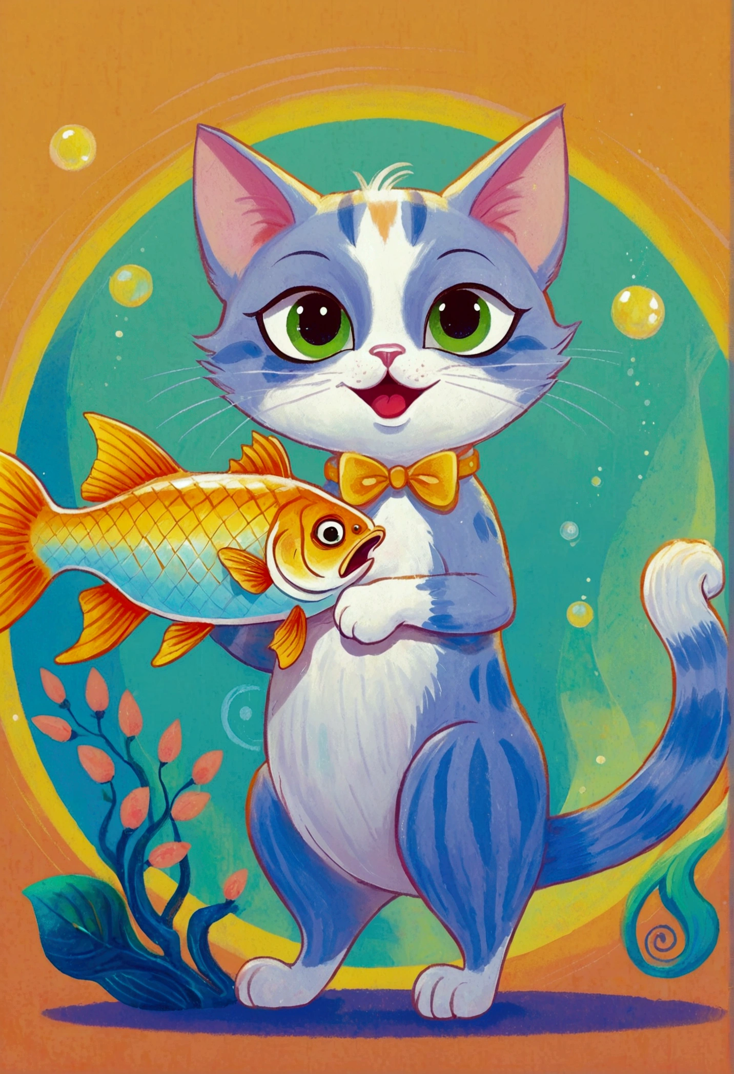 Bright pastel art：Cartoon Cat，Holding a big fish in its claws。Anthropomorphic cat,