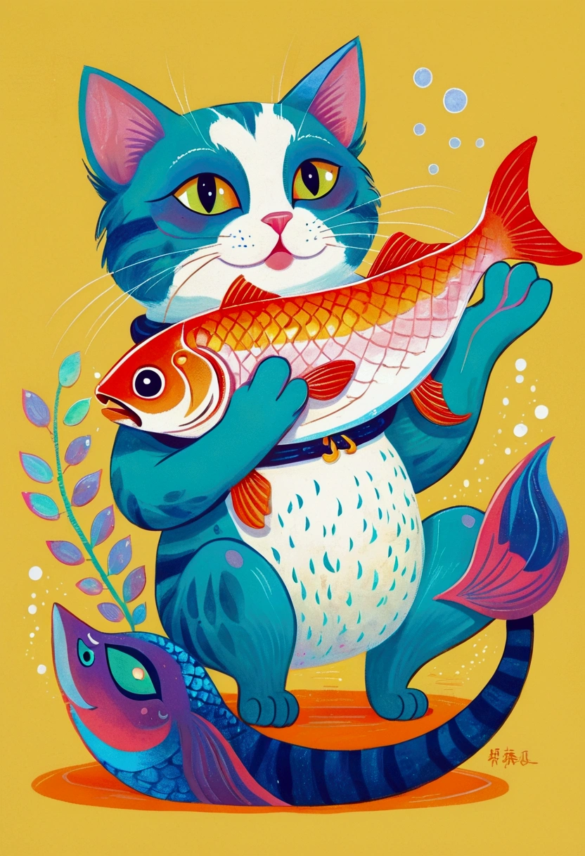 Bright pastel art：Cartoon Cat，Holding a big fish in its claws。Anthropomorphic cat,