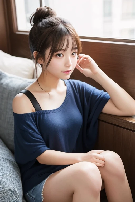 Produce the highest quality and highest resolution 8K images。Please draw the upper body of a 20 year old Japanese woman.。Please draw an image of you relaxing at home listening to music with headphones.。She has brown eyes and a model-like figure、She has an idol-level cute face.。Her hair is in a bun.。Clothes、I'm wearing short-sleeved loungewear。The skin is、It is a natural skin color。she、Looking at you with a smile。