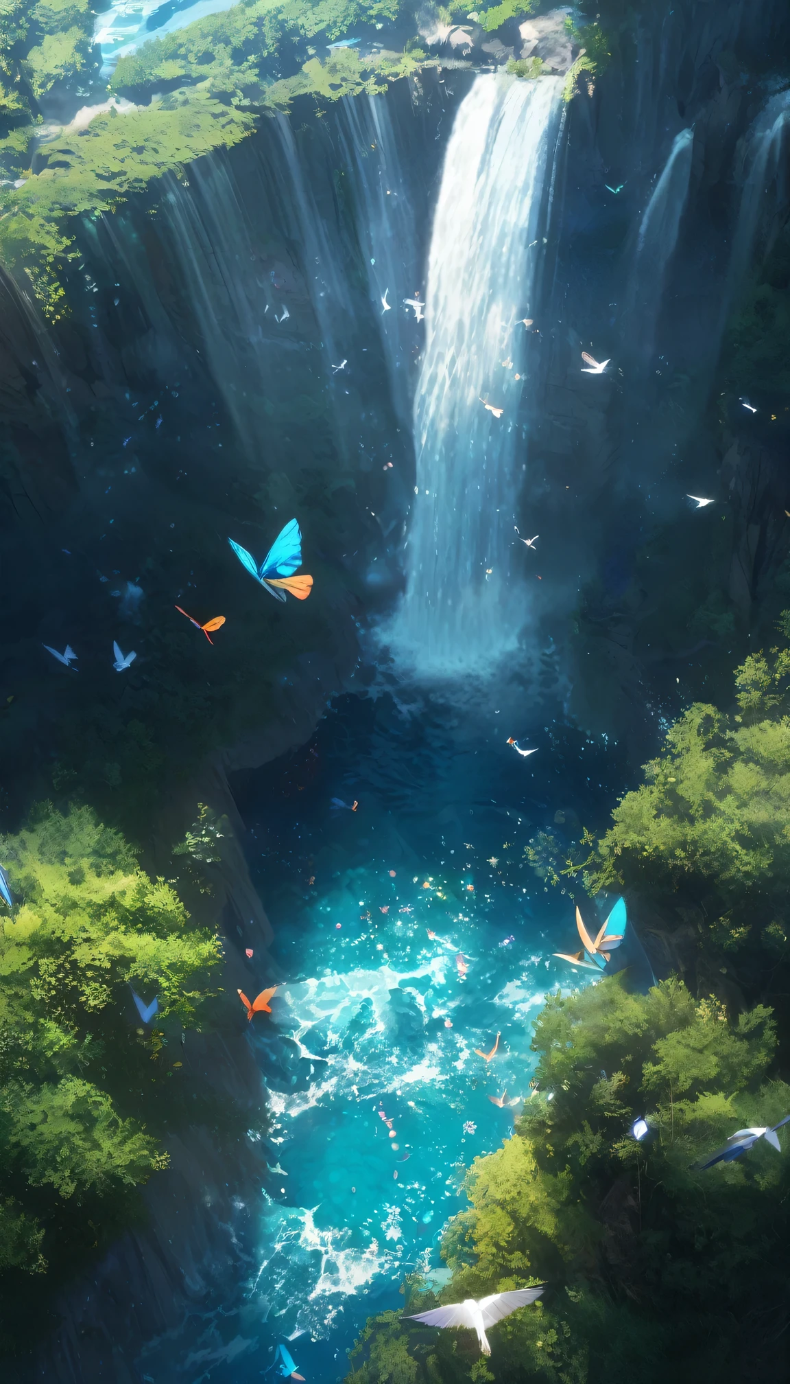 quality\(8k,Highly detailed CG unit wallpaper, masterpiece,High resolution,top-quality,top-quality real texture skin,surreal,Increase the resolution,RAW Photos,highest quality,Very detailed,wallpaper,Cinema Lighting,Ray-tracing,Golden Ratio\), BREAK ,İSLAND\((İSLAND:1.5),mysterious,beautiful birds , beautiful butterflies, beautiful sunlight shines through the trees, Remains\(mysterious, beautiful, Cosmic, futuristic\), (Surrounded by the sea),(Surrounded by waterfalls:1.8)\), Very clean sea\(Crystal Clear, I can see fish, You can see the coral reef\)hologram\(In the sky,beautiful goddess\(transparent, Very large,Upper Body, chest, Wicked Smile\)\),(aerial photograph:1.7),(From above:1.5),bird's Eye View,Vast landscape,panorama,((rainbow)),Reflective water surface
