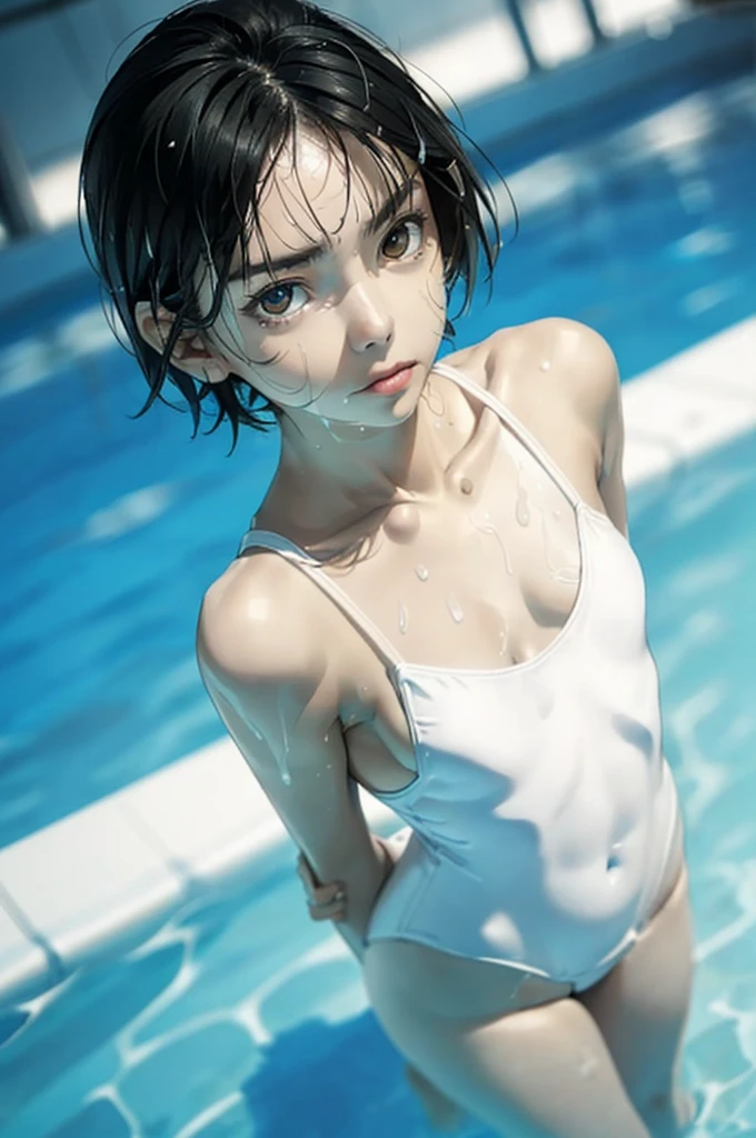 ((((Close-up angle from above))))13-year-old girl, solo,(((Small breasts: 1.6))), ((((Embarrassing,))))((((Wearing a white swimsuit、))))((((Various poses、))))A sexy masterpiece with wet hair, Highest quality, Realistic, Ultra-detailed, (Glowing Skin, sweating: 1.4), View your viewers,((((very short hair with black hair)))))thin, Dynamic light and shadow, High resolution, Sharp focus, Depth of written boundary, Embarrassing, Sharp pupils, Realistic生徒, (Thigh Thickness: 1.0), Indoor swimming pool