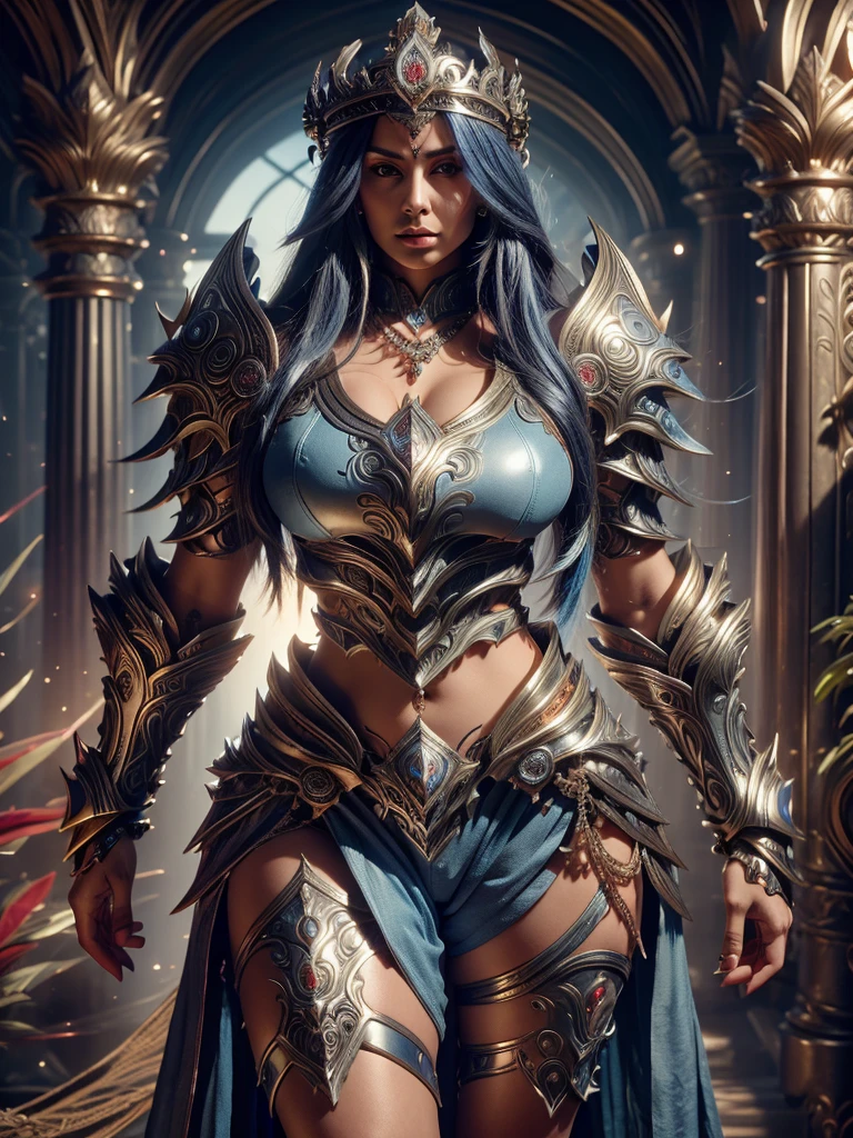 Facing me woman of approximately 25 years old goddess with long hair and necklace around her neck, crowned, Detailed Relentless Blue Armor Style Shorts, large hard breasts, tummy, legs aligned standing