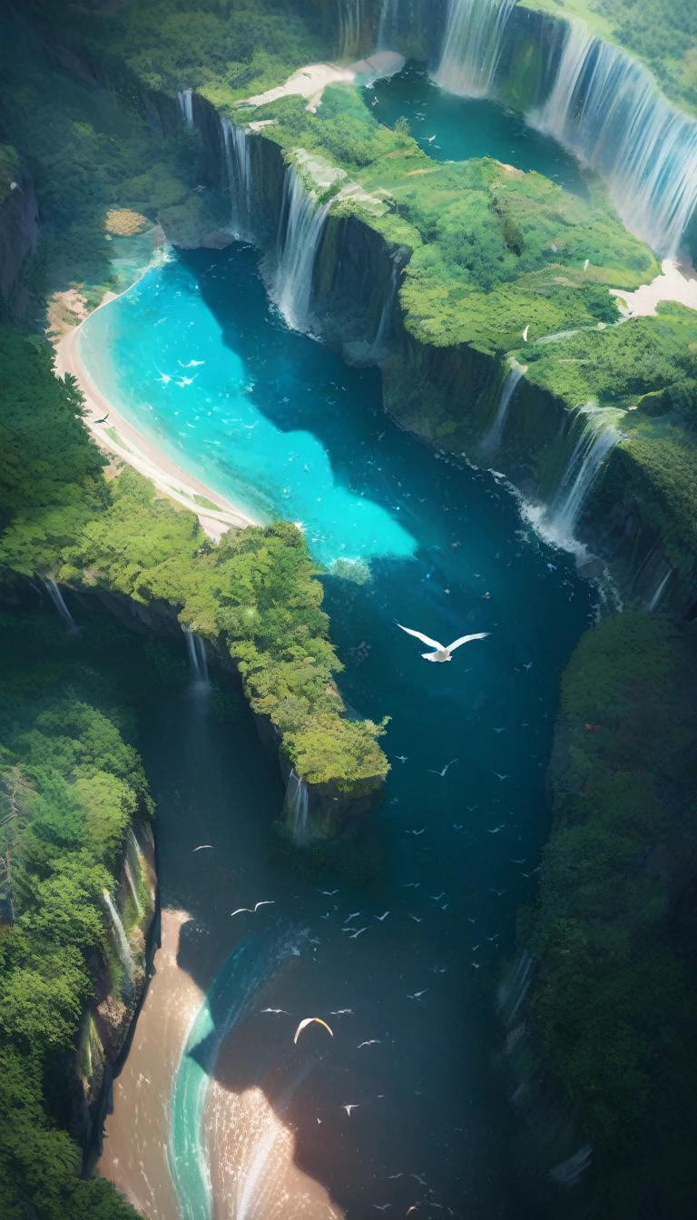 quality\(8k,非常に精細なCGユニットのwallpaper, masterpiece,High resolution,top-quality,top-quality real texture skin,Surreal,Increase the resolution,RAW Photos,最高quality,Very detailed,wallpaper,Cinema Lighting,Ray-tracing,Golden Ratio\), break ,island\((island:1.5),mysterious,beautiful birds , beautiful butterflies, beautiful sunlight shines through the trees, Remains\(mysterious, beautiful, Cosmic, Futuristic\), (Surrounded by the sea),(Surrounded by waterfalls:1.8)\), Very clean sea\(Crystal Clear, I can see fish, You can see the coral reef\)hologram\(In the sky,beautiful goddess\(transparent, Very large,Upper Body, chest, Wicked Smile\)\),(aerial photograph:1.7),(From above:1.5),Bird's Eye View,Vast landscape,Panorama,((rainbow)),Reflective water surface
