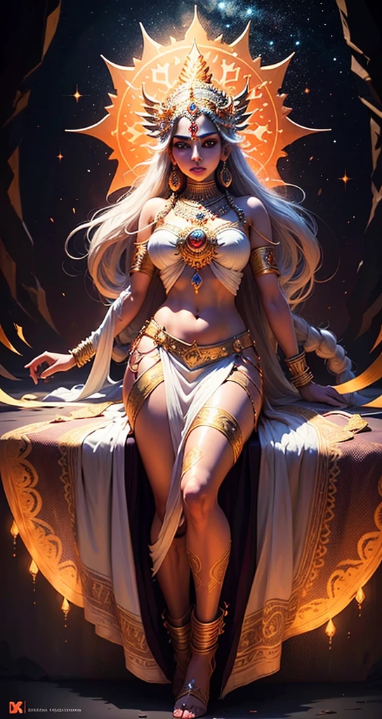 femina, very beautiful, very sexy, ultra detailed, HD, 8k, white hair, Dynamic style hair, blue colored eyes, eyes flash blue and white rays, golden laurel wreath, NSFW, can control lightning, full body view, age of 18 years