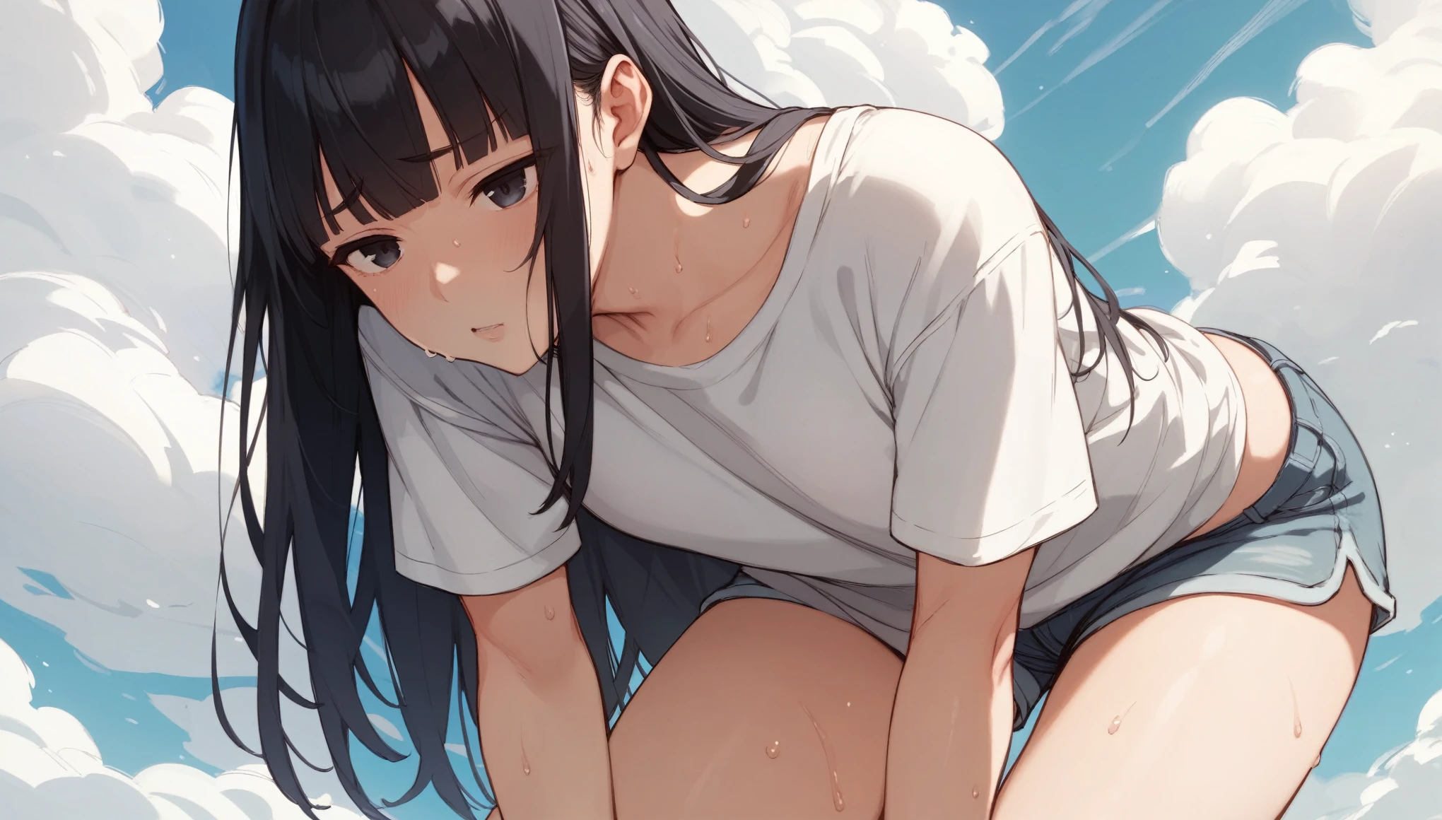 score_9, score_8_up, source_anime, solo, female, skinny, slim, huge bureasts, crop top, under boob, shorts, looking at viewer, outdoors, from below