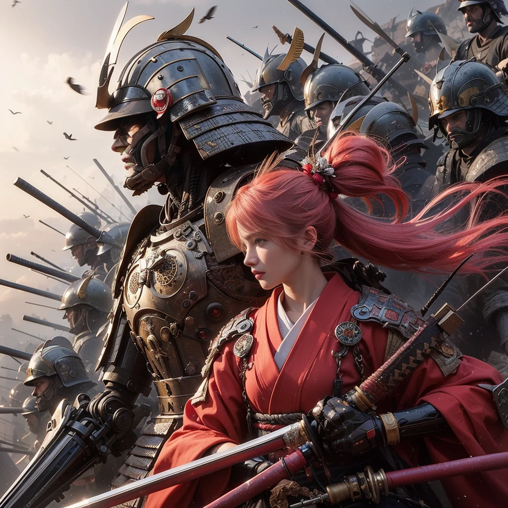 (Highest quality,High resolution,masterpiece:1.2),traditional,Japanese,Samurai Armor,Japanese sword,beautiful girl,Twin tails,Silver Hair,Realistic,photoRealistic:1.37,photo shoot,Very detailed,hyper-Realistic textures,whole body,battlefield