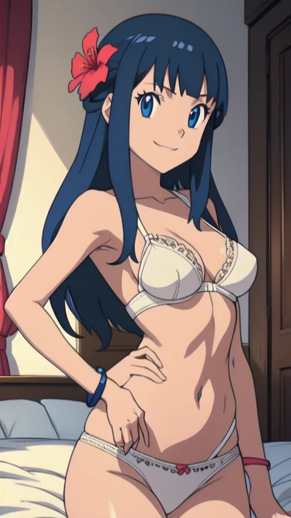 (masterpiece:1.2), (best quality:1.2), (intricate details:1.2), (anime coloring:1.1), ((top-quality)), solo girl, dark blue hair, blue eyes, long hair, medium breasts, sexy body and face, wavy hair, smile, (parted lips:0.9), lipstick, white lingerie, white bra, white panties, open stomach, bed, leg up, navel, cleavage, collarbone, bare shoulders, jewelry, bracelet, ribbon, hibiscus, frills, sleeveless, hair flower,  bed, indoor, perfect hips, sexy pose, cowboy shots, detailed body, face, and eyes, illustration, sharp focus, vibrant, creative, dynamic, high definition, high resolution, 16k quality, (Upscale: R-ESRGAN 4x+ Anime6mage enchance:4x), (beautiful illustration), (beautiful detailed eyes 1.2), (beautiful detailed face:1.2), (beautiful detailed body:1.2), (better hands:1.2), voluptuous body, cinema lightning, dakimakura style, good anatomy, perfect eyes, perfect body, perfect anatomy, perfect chest, looking at the viewer