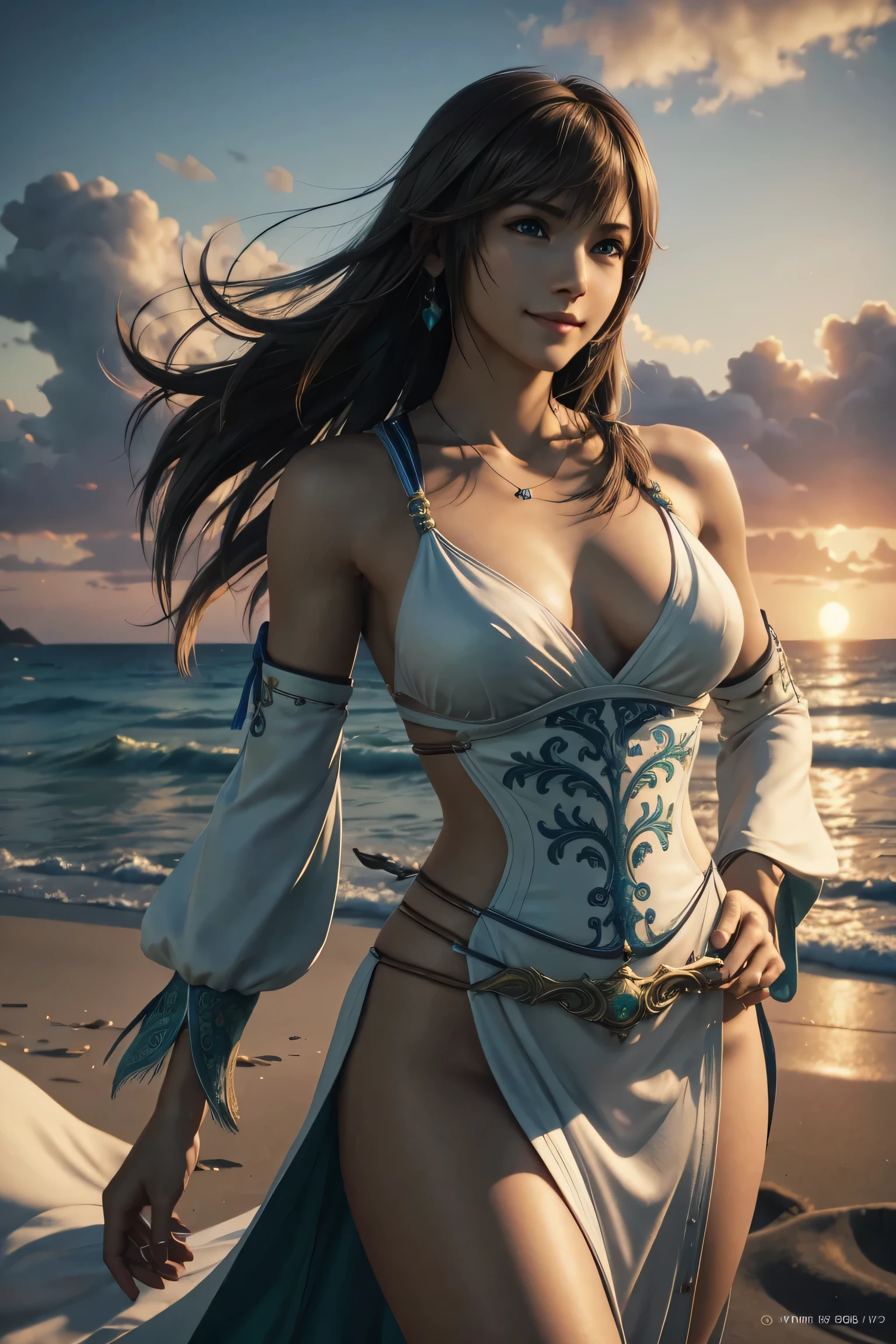 The best one,yuna,Final Fantasy 10,FF10,Medium Hair,Brown hair,Let your bangs down,Beautiful green and blue odd eyes,,Beautiful and tall nose,Photorealistic,ultra HD,high quality,masterpiece,Digital SLR,Detailed details,Intricate details,Anatomical basis,Depicted in detail,A detailed face,Realistic skin texture,Vivid details,Perfect Anatomy,Perfect Anatomy,Anatomically correct hand,Anatomically correct fingers,Super Detail,Complex 3D rendering,Huge ,Sexy pose,The beautiful world of Final Fantasy 10,White long dress,Beautiful sunset,Beautiful beach at sunset,Fantastic beaches,Fantasy worldview,Picturesque,Pink Lips,smile,