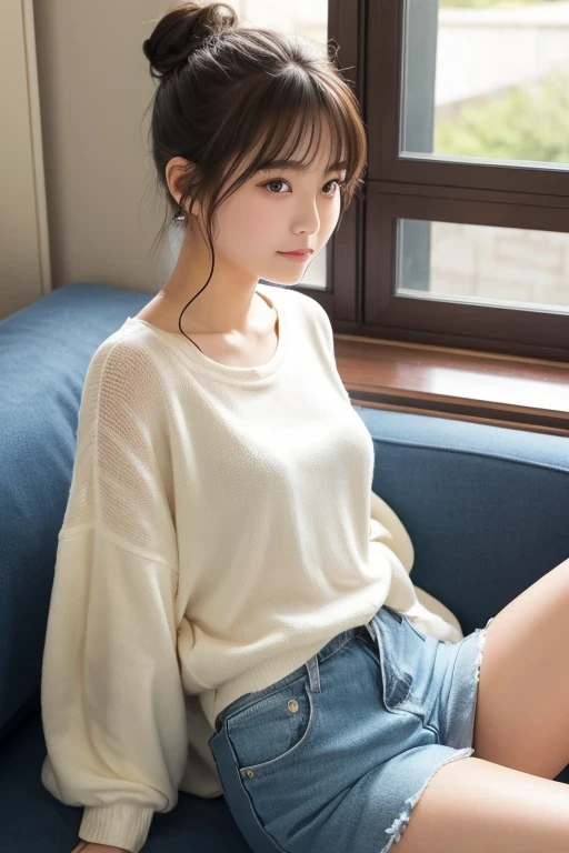 Produce the highest quality and highest resolution 8K images。Please draw the upper body of a 20 year old Japanese woman.。Please draw an image of you relaxing at home listening to music with headphones.。She has brown eyes and a model-like figure、She has an idol-level cute face.。Her hair is in a bun.。Clothes、I'm wearing short-sleeved loungewear。The skin is、It is a natural skin color。she、Looking at you with a smile。