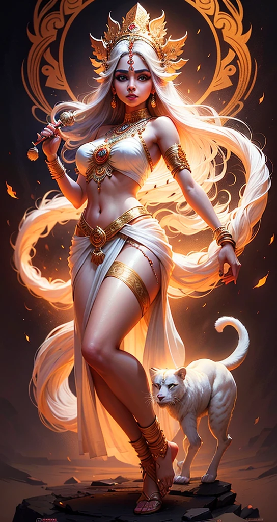 a beautiful hindu goddess, detailed face HD, piercing eyes, full lips, long flowing white sari, holding a trishul, a majestic lion nearby, intricate jewelry, glowing ethereal aura, highly detailed, photorealistic, dramatic lighting, vibrant colors, ornate background, digital art HD 8k quality beautiful face HD quality