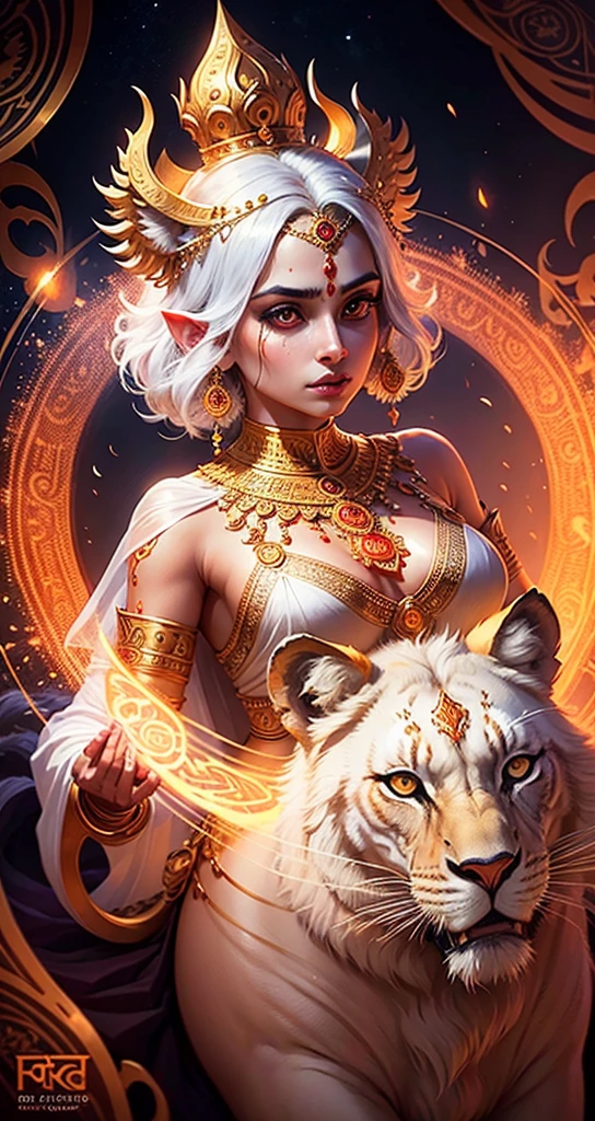 a beautiful hindu goddess, detailed face HD, piercing eyes, full lips, long flowing white sari, holding a trishul, a majestic lion nearby, intricate jewelry, glowing ethereal aura, highly detailed, photorealistic, dramatic lighting, vibrant colors, ornate background, digital art HD 8k quality beautiful face HD quality