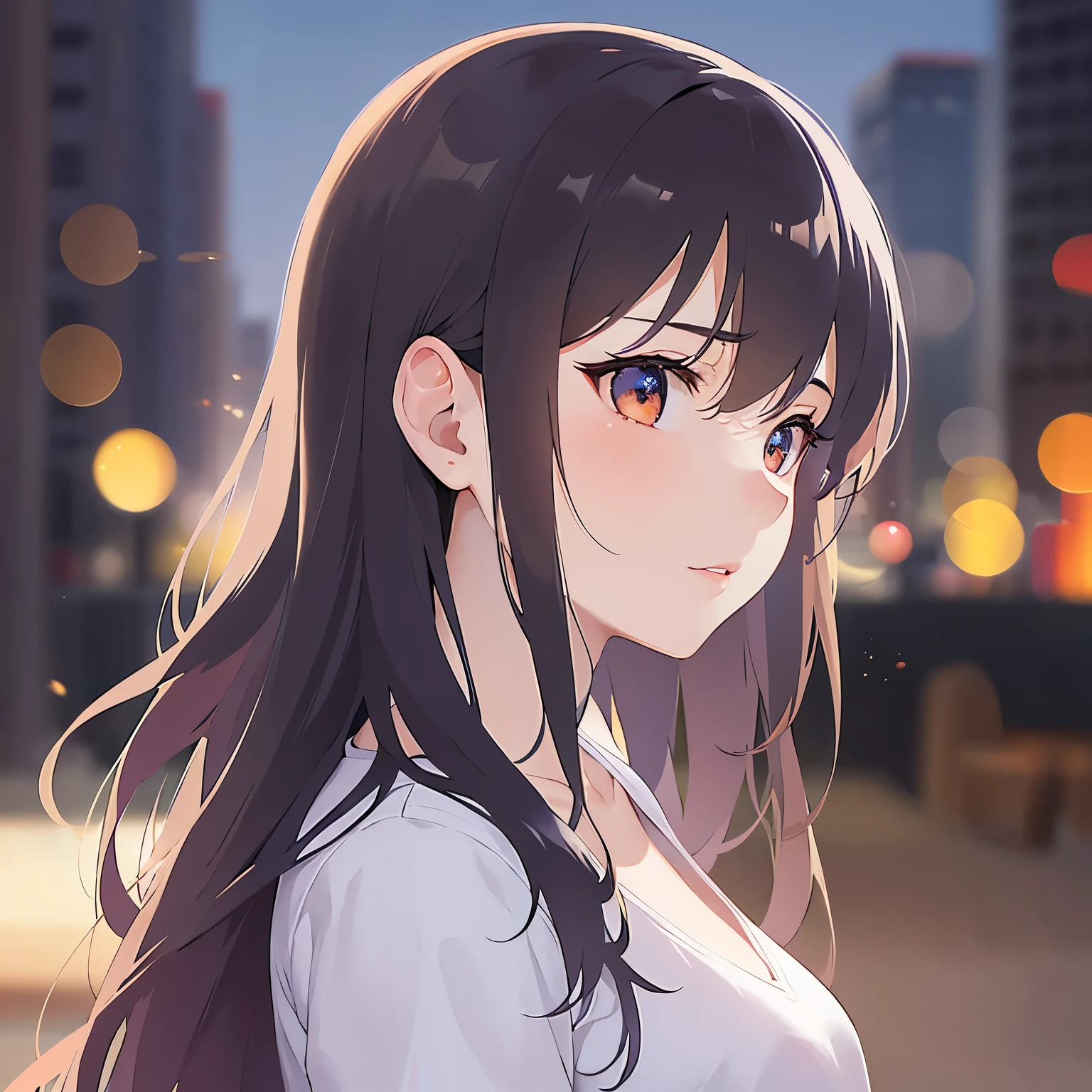 (looking away:1.5),Upper Body,profile、Side shot、 Realistic, real person, (pale skin: 1.2), RAW photo, photorealistic, shiny skin, shiny hair、 (A 25-year-old woman with medium-length hair and bangs) and (wavy hair) and (brown hair) and (orange eyes) 、 Serious, Wearing a white V-neck top 、The background is the city at night,(Night Sky:1.5)