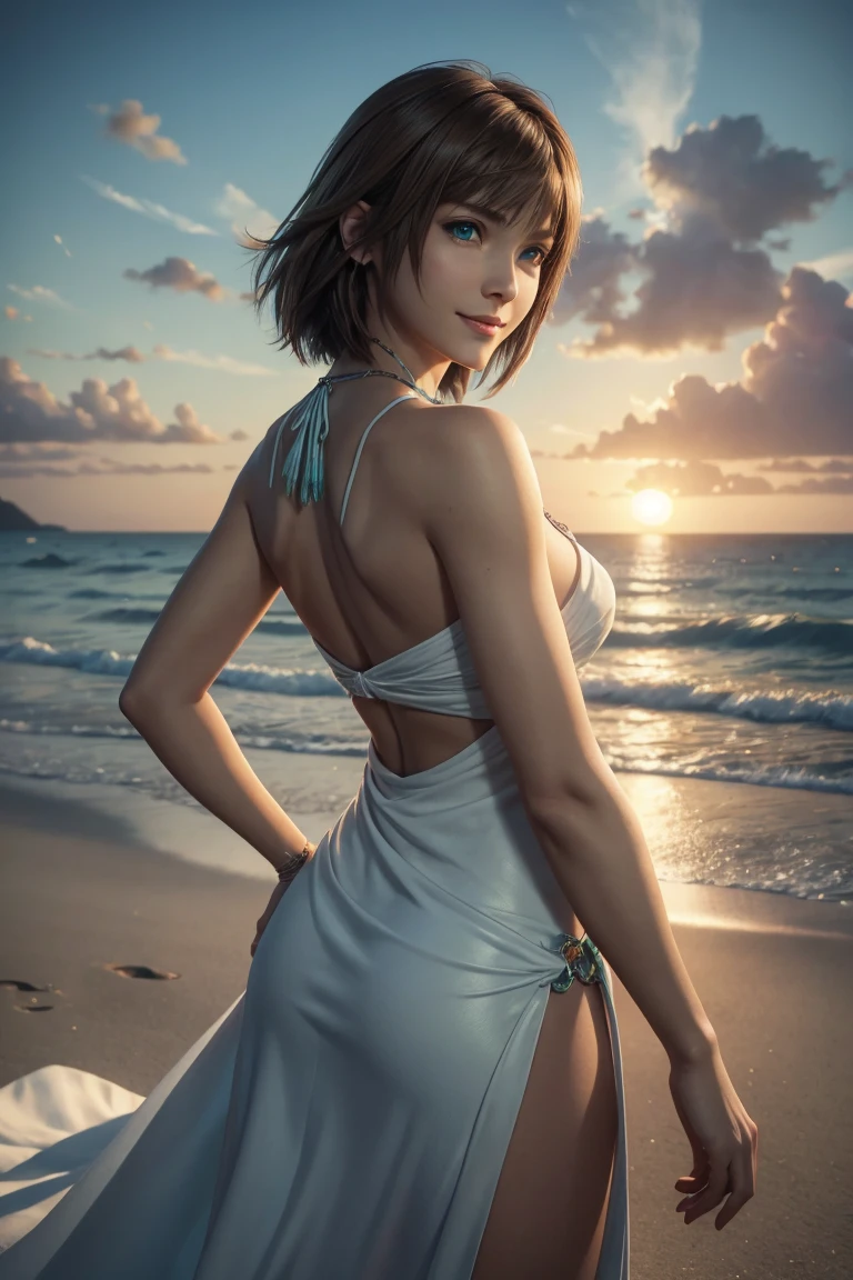 The best one,Yuna,Final Fantasy 10,FF10,Medium Hair,Brown hair,Let your bangs down,Beautiful green and blue odd eyes,,Beautiful and tall nose,Photorealistic,Ultra HD,high quality,masterpiece,Digital SLR,Detailed details,Intricate details,Anatomical basis,Depicted in detail,A detailed face,Realistic skin texture,Vivid details,Perfect Anatomy,Perfect Anatomy,Anatomically correct hand,Anatomically correct fingers,Super Detail,Complex 3D rendering,Huge ,Sexy pose,Final Fantasy 10の美しい世界,White long dress,Beautiful sunset,Beautiful beach at sunset,Fantastic beaches,Fantasy worldview,Picturesque,Pink Lips,smile,