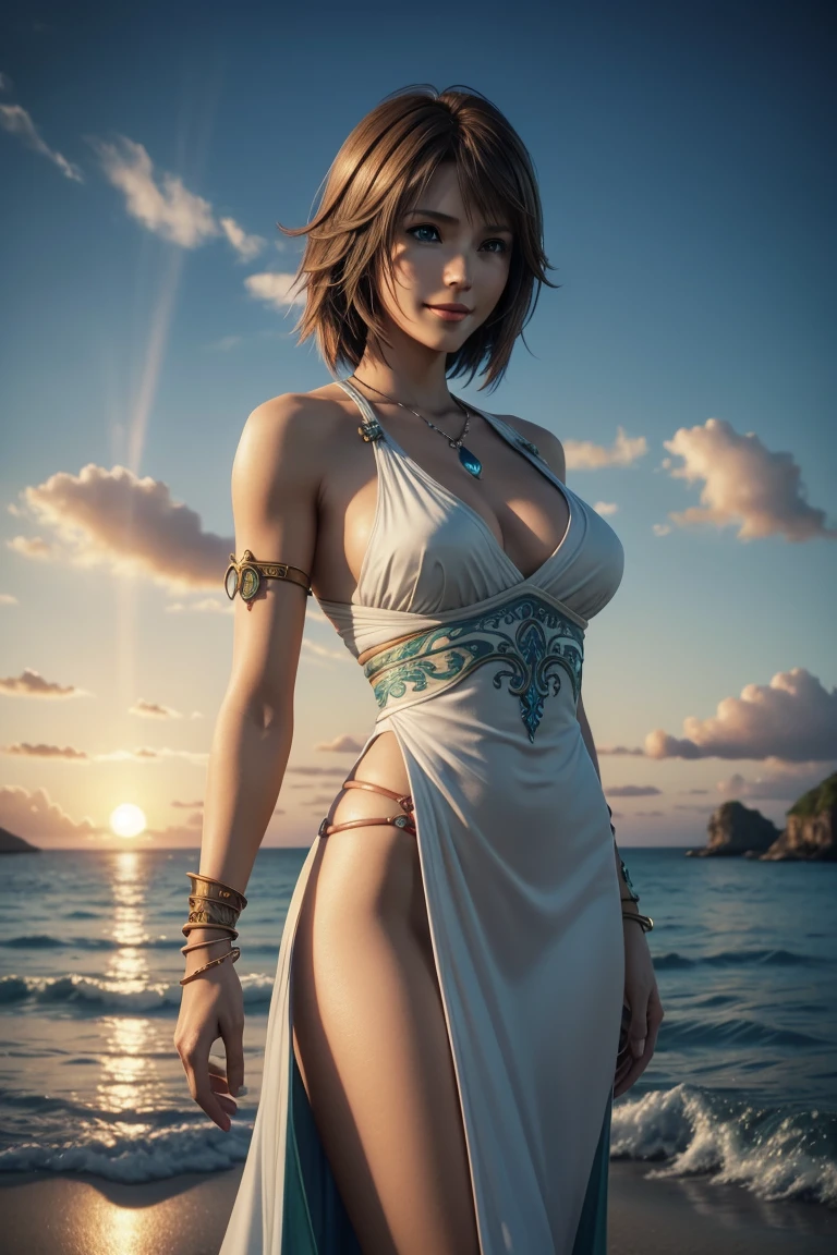 The best one,Yuna,Final Fantasy 10,FF10,Medium Hair,Brown hair,Let your bangs down,Beautiful green and blue odd eyes,,Beautiful and tall nose,Photorealistic,Ultra HD,high quality,masterpiece,Digital SLR,Detailed details,Intricate details,Anatomical basis,Depicted in detail,A detailed face,Realistic skin texture,Vivid details,Perfect Anatomy,Perfect Anatomy,Anatomically correct hand,Anatomically correct fingers,Super Detail,Complex 3D rendering,Huge ,Sexy pose,Final Fantasy 10の美しい世界,White long dress,Beautiful sunset,Beautiful beach at sunset,Fantastic beaches,Fantasy worldview,Picturesque,Pink Lips,smile,