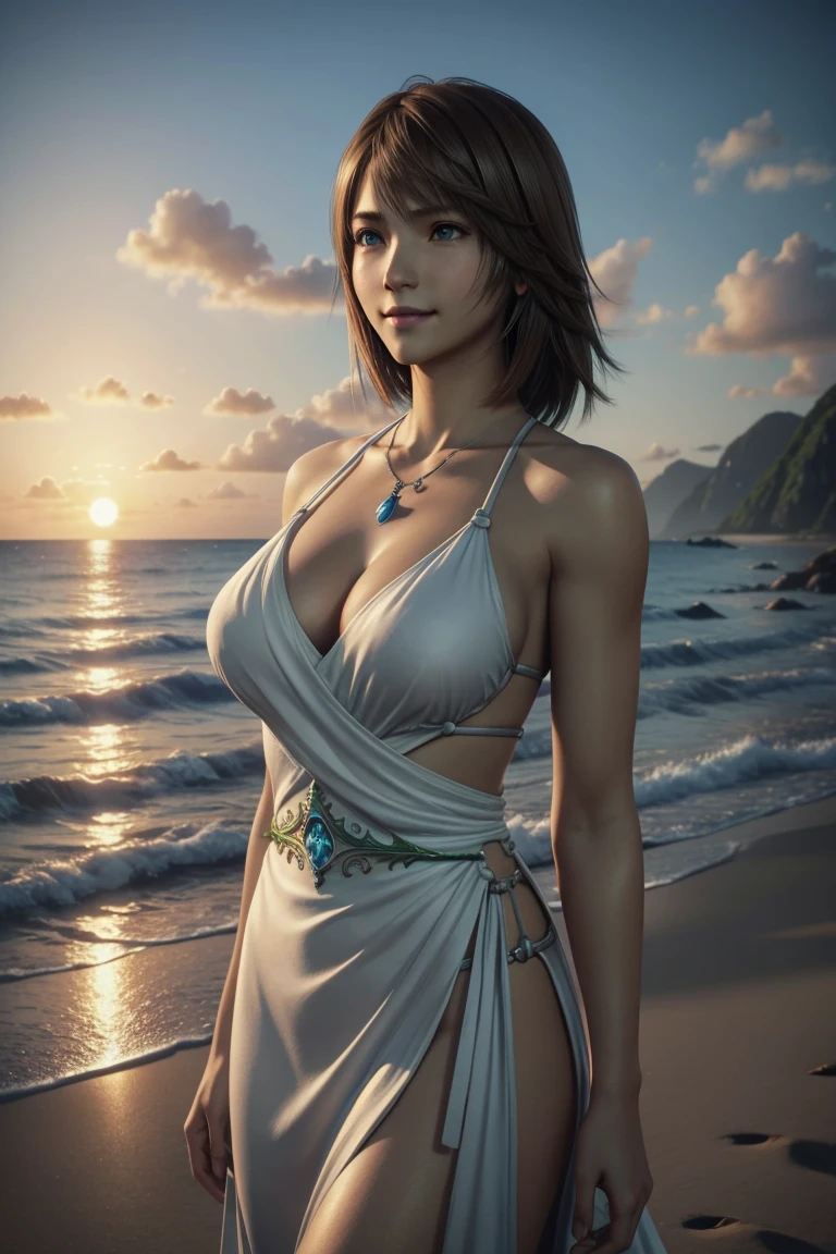 The best one,Yuna,Final Fantasy 10,FF10,Medium Hair,Brown hair,Let your bangs down,Beautiful green and blue odd eyes,,Beautiful and tall nose,Photorealistic,Ultra HD,high quality,masterpiece,Digital SLR,Detailed details,Intricate details,Anatomical basis,Depicted in detail,A detailed face,Realistic skin texture,Vivid details,Perfect Anatomy,Perfect Anatomy,Anatomically correct hand,Anatomically correct fingers,Super Detail,Complex 3D rendering,Huge ,Sexy pose,Final Fantasy 10の美しい世界,White long dress,Beautiful sunset,Beautiful beach at sunset,Fantastic beaches,Fantasy worldview,Picturesque,Pink Lips,smile,