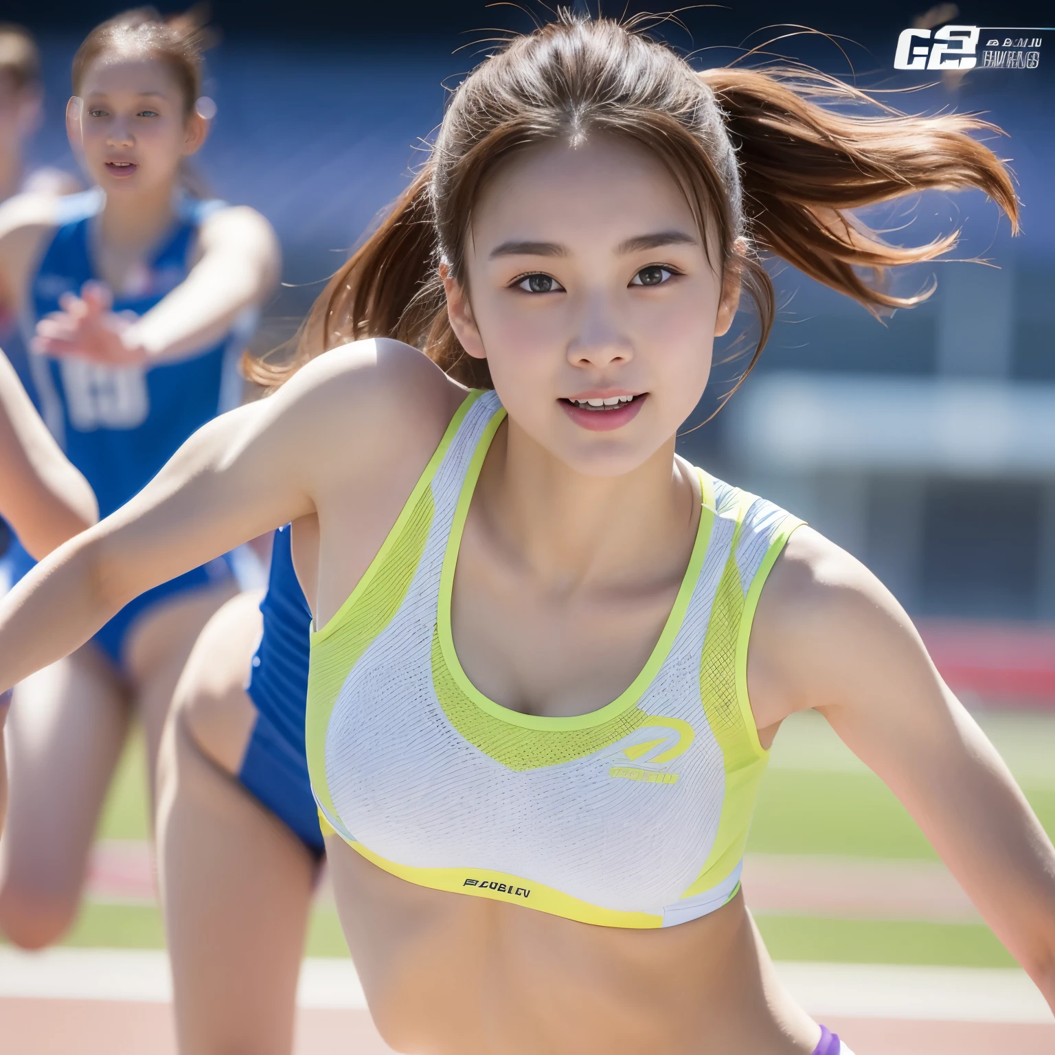 Highly detailed CG Unity 8k wallpaper、Highest quality、Ultra-detailed、masterpiece、Realistic、Photo realistic、A cute girl drawn in great detail、18-year-old、Track and field athlete costumes、Japanese、Panty Focus、Run、breast enhancement、Semi Body Shot、Athletics Stadium、crowd、