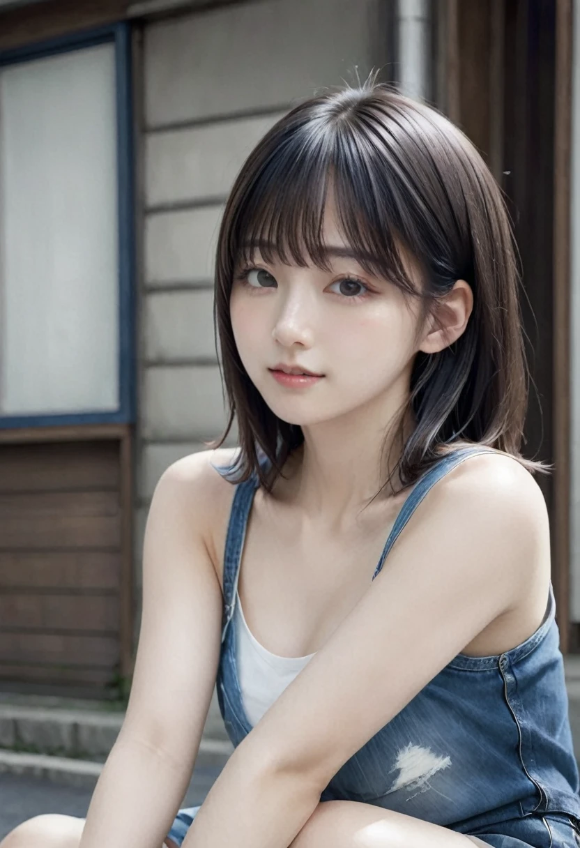 cool, girl, jap, (Straight_bangs, Blond hair:1.5), Smirk, (tanktop), (Short_Pants, denim), in Street, sitting, (morning effect), (8k, hyper detailed, realistic), best quality, ultra detailed, highres, high-resolution, 4k realistic, portrait, 8k realistic portrait, unity 8k wallpaper, extremely detailed