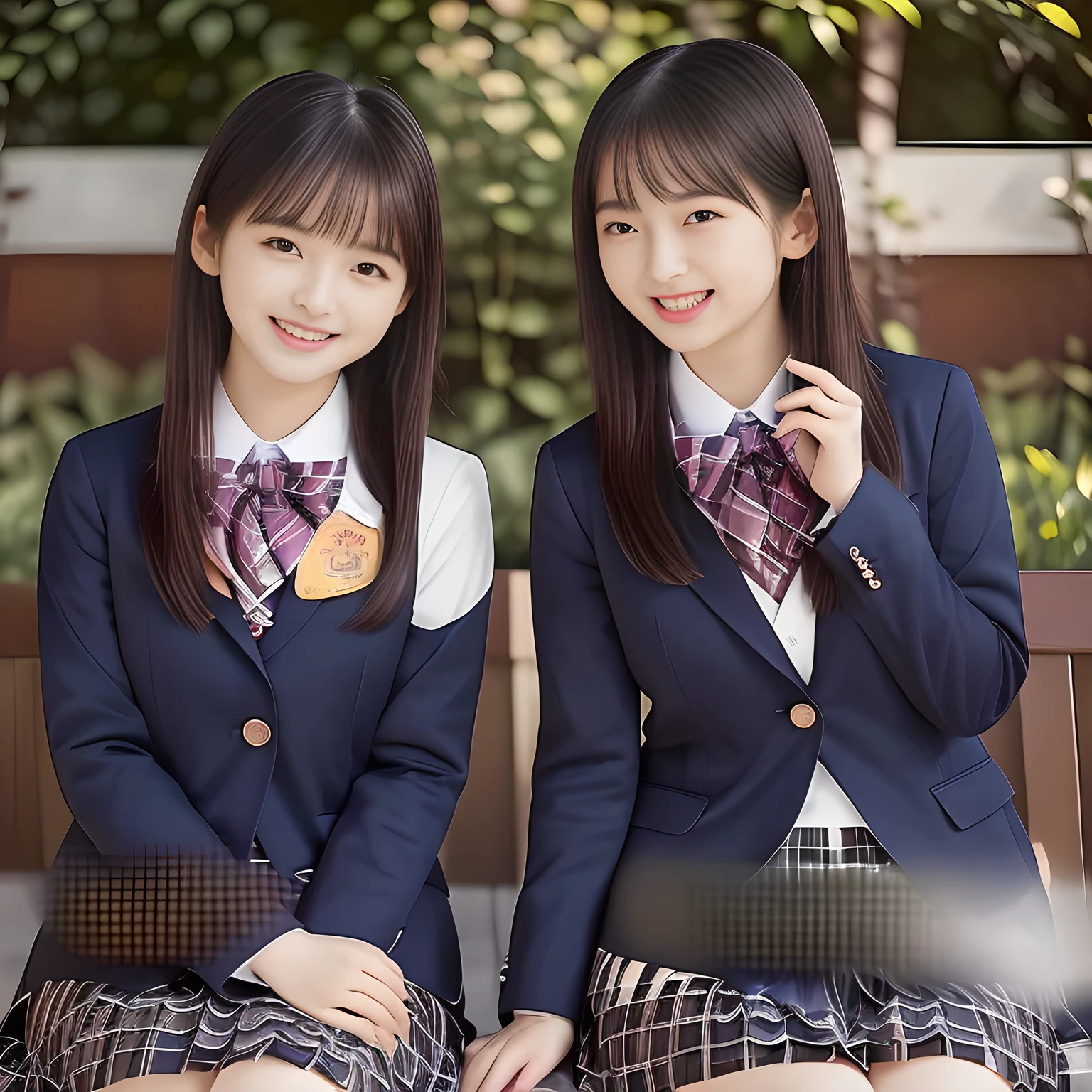 (Highest quality, masterpiece:1.2), Highest quality, High resolution, 1080P, 8k, (Paintings by Vigée Leblanc: 1.5), (A noble, graceful and intelligent  Japanese young long hair magazine fashion model who have a best proportion are seated smiling at me with religious extreme beatitude, expressing her happiness to me with her religious love supreme: 1.5), (background is complete black: 1.0), (double-eyelids, brown wet large eyes with detailed beautifully: 1.3), (calling me to invite me to her extreme happiness opening her mouth), (laughing shy cheeks and lips, as if watching a comedy: 1.5), ((Very super long wavy hair is too much beautiful: 1.0)), (Navy gorgeous Japanese school blazer with noble golden emblem: 1.2), (Gorgeous dark blue tartan check pattern pleated skirt with beautiful white fat calves and knees: 1.4), (Gorgeous plain red gloss chest ribbon: 1.0), (Well-shaped ample breaTilting her head), (Too beautiful women to stop falling into them: 1.6), (They are in fact succubi and seated with strong religious temptation)