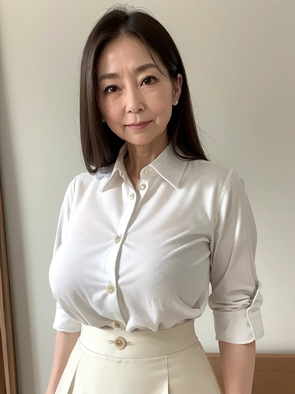 High resolution, High-level image quality, High definition, masterpiece, 8k, Anatomically correct, sharp, White Photo
((Japanese Mature, 90 years old,female teacher)), One person, ((Facial wrinkles)), Shapely big breasts, Straight, light brown, long hair that reaches the shoulders, Chubby body type,
((Standing upright and looking at the viewer)),
(((White summer buttoned shirt, white summer skirt))),
Composition from knee to head