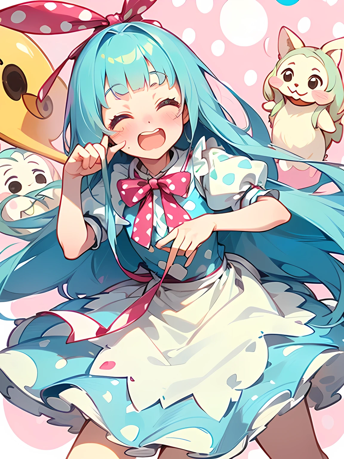 (Alice in Wonderland:1.3),((straight white thin long hair:1.2)),(very short sideburns),(blunt bangs),(A vibrant and lively background:1.2),(Pop and cute polka dot pattern:1.45)),((You are the main character!:1.2)),(Beautiful images:1.15),(high quality:1.15),((Perfect graphics:1.15)),Big smile,(blush、Embarrassed laugh:1.25),(white、pink、cream、black、yellow,mint)