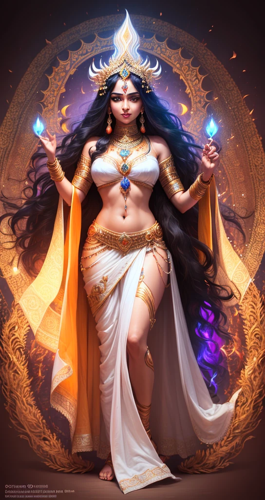 a beautiful hindu goddess, detailed face HD, piercing eyes, full lips, long flowing white sari, holding a trishul, a majestic lion nearby, intricate jewelry, glowing ethereal aura, highly detailed, photorealistic, dramatic lighting, vibrant colors, ornate background, digital art HD 8k quality beautiful face HD quality