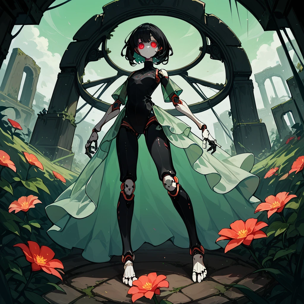 SCORE_9, SCORE_8_UP, SCORE_7_UP, SCORE_6_UP,
MASTERPIECE, BEST QUALITY, HIGH QUALITY,
HIGHRES, ABSURDRES, PERFECT COMPOSITION,
INTRICATE DETAILS, ULTRA-DETAILED,
PERFECT FACE, PERFECT EYES,
NEWEST, AESTHETIC,
1girl, 20yo、black hair, red eyes, skeleton body, Vinyl Translucent dress、Bones visible, moss on body、robot joints:1.3、evening、red light、Ruins, flower field, high-resolution image, leotard, see-through,android, joints, robot joints, dynamic pose、fisheye lens、green sky、foot focus