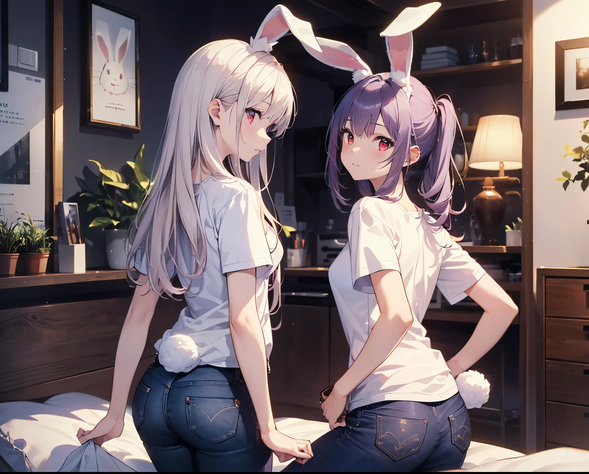 (Close-up:1.3),Realistic,Highest quality, Super detailed, High-quality CG rendering, The most delicate and beautiful, Floating softly, High resolution, (1 girl), (Highest quality,4K,8k,masterpiece:1.2), Light purple hair,(Long Hair:1.5),(Rabbit ears:1.5),Red eyes,(Pure white oversized short sleeve T-shirt:1.3),(Black skinny jeans:1.3),(Small room),bed,(bedで四つん這い:1.4),(Turn your back to your audience:1.3),Butt,Pure white socks
