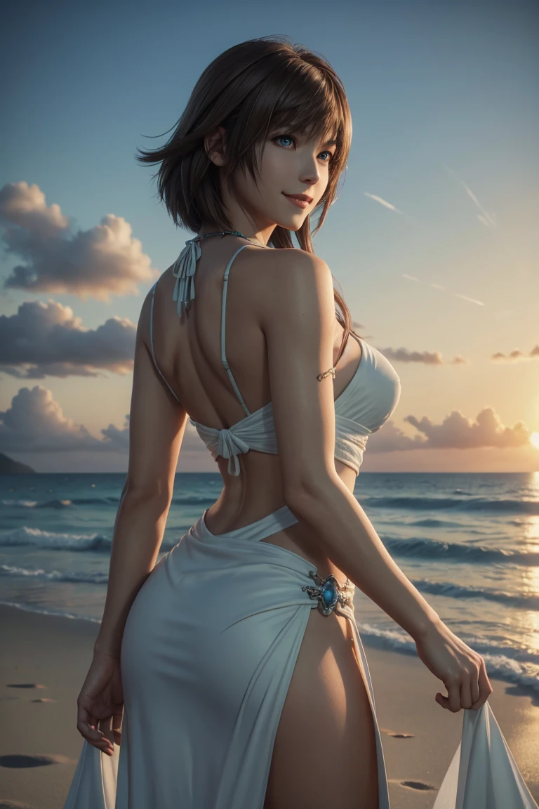 The best one,Yuna,Final Fantasy 10,FF10,Medium Hair,Brown hair,Let your bangs down,Beautiful green and blue odd eyes,,Beautiful and tall nose,Photorealistic,Ultra HD,high quality,masterpiece,Digital SLR,Detailed details,Intricate details,Anatomical basis,Depicted in detail,A detailed face,Realistic skin texture,Vivid details,Perfect Anatomy,Perfect Anatomy,Anatomically correct hand,Anatomically correct fingers,Super Detail,Complex 3D rendering,Huge ,Sexy pose,Final Fantasy 10の美しい世界,White long dress,Beautiful sunset,Beautiful beach at sunset,Fantastic beaches,Fantasy worldview,Picturesque,Pink Lips,smile,