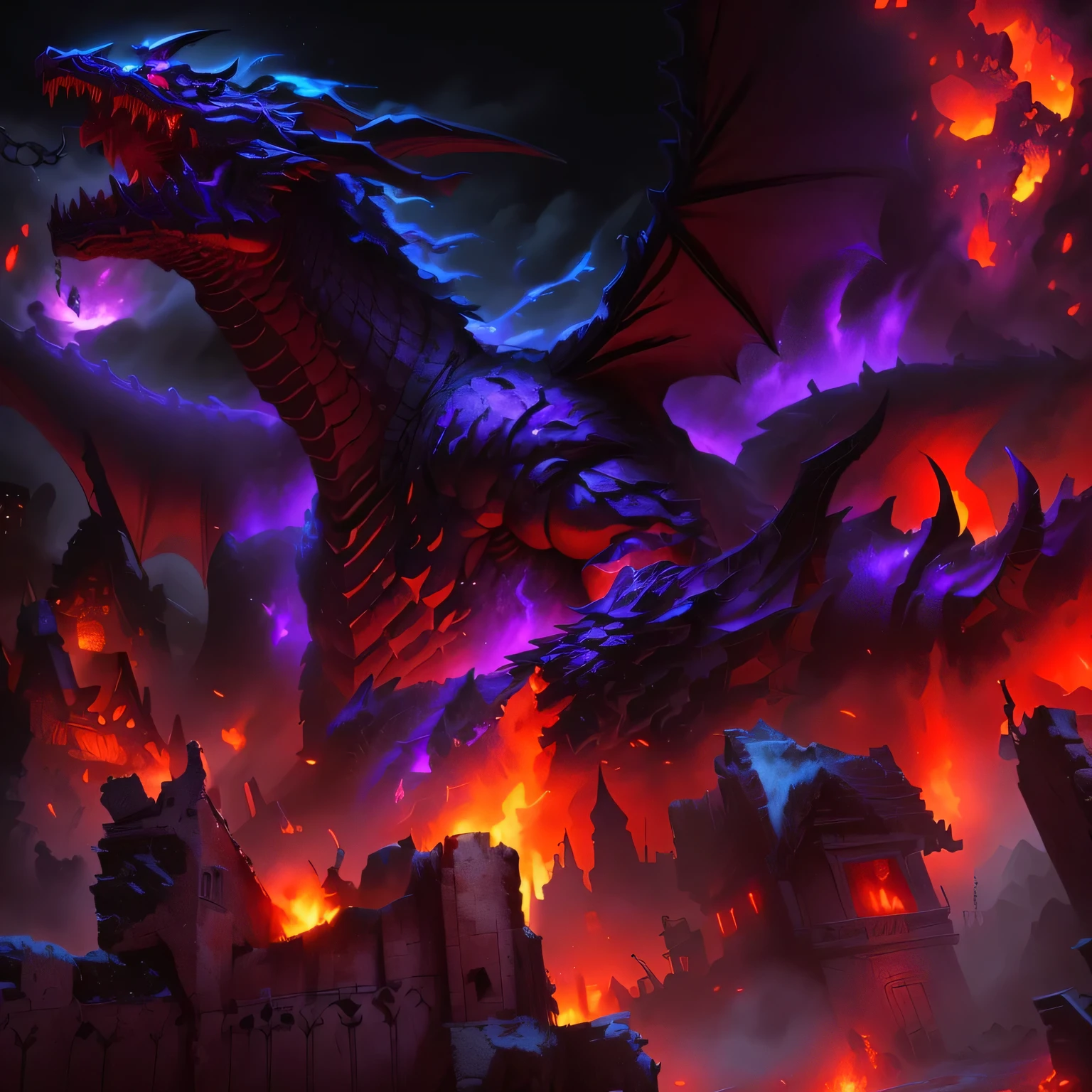 demonic black and purple dragon attacking a viking village with a huge fire in the background, hyperrealistic d & d fantasy art, dungeon and dragons art, deathwing, giant kaiju dragon monster, colossal dragon in background, dungeons and dragons fantasy art, epic fantasy card game art, ancalagon the black, alduin, colossal dragon as background, amazing d & d dark sun art