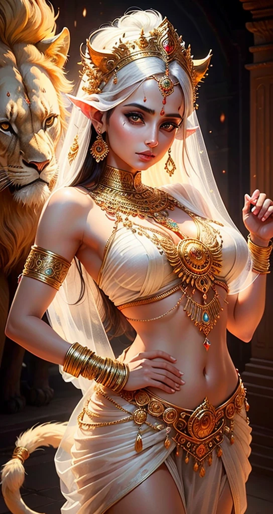 a beautiful hindu goddess, detailed face HD, piercing eyes, full lips, long flowing white sari, holding a trishul, a majestic lion nearby, intricate jewelry, glowing ethereal aura, highly detailed, photorealistic, dramatic lighting, vibrant colors, ornate background, digital art HD 8k quality beautiful face HD quality