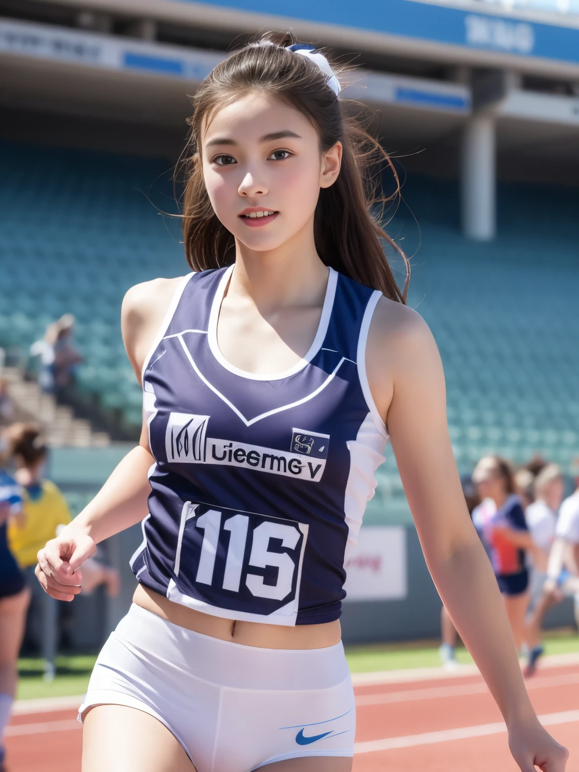 Highly detailed CG Unity 8k wallpaper、Highest quality、Ultra-detailed、masterpiece、Realistic、Photo realistic、A cute girl drawn in great detail、18-year-old、Track and field athlete costumes、Panty Focus、blush、Lips parted、Semi Body Shot、Athletics Stadium、crowd