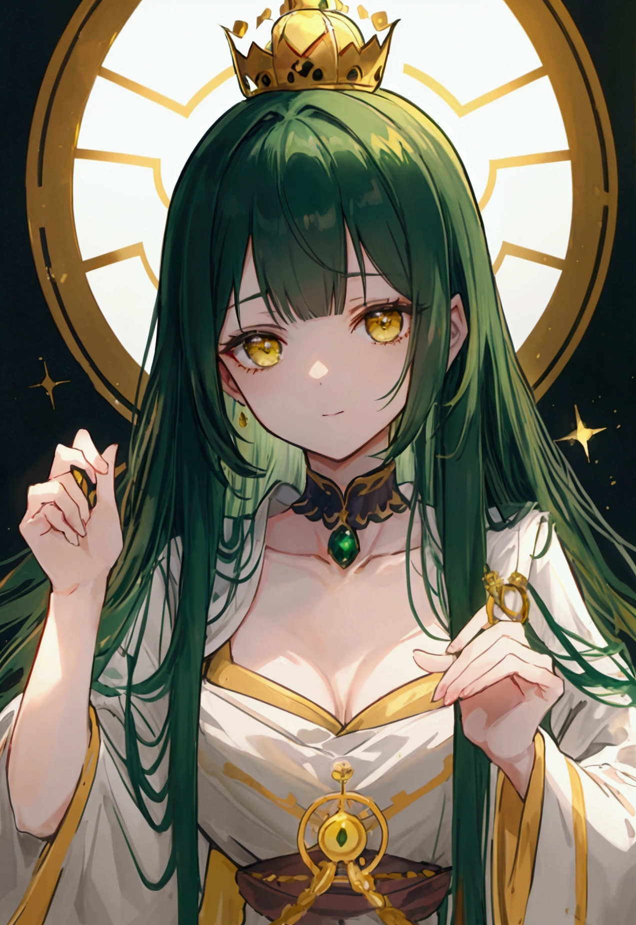 top quality,Perfect Face, long dark green hair, yellow eyes, collarbone,Master of Light and Shadow,crown,Royal robe,In the luxurious palace
