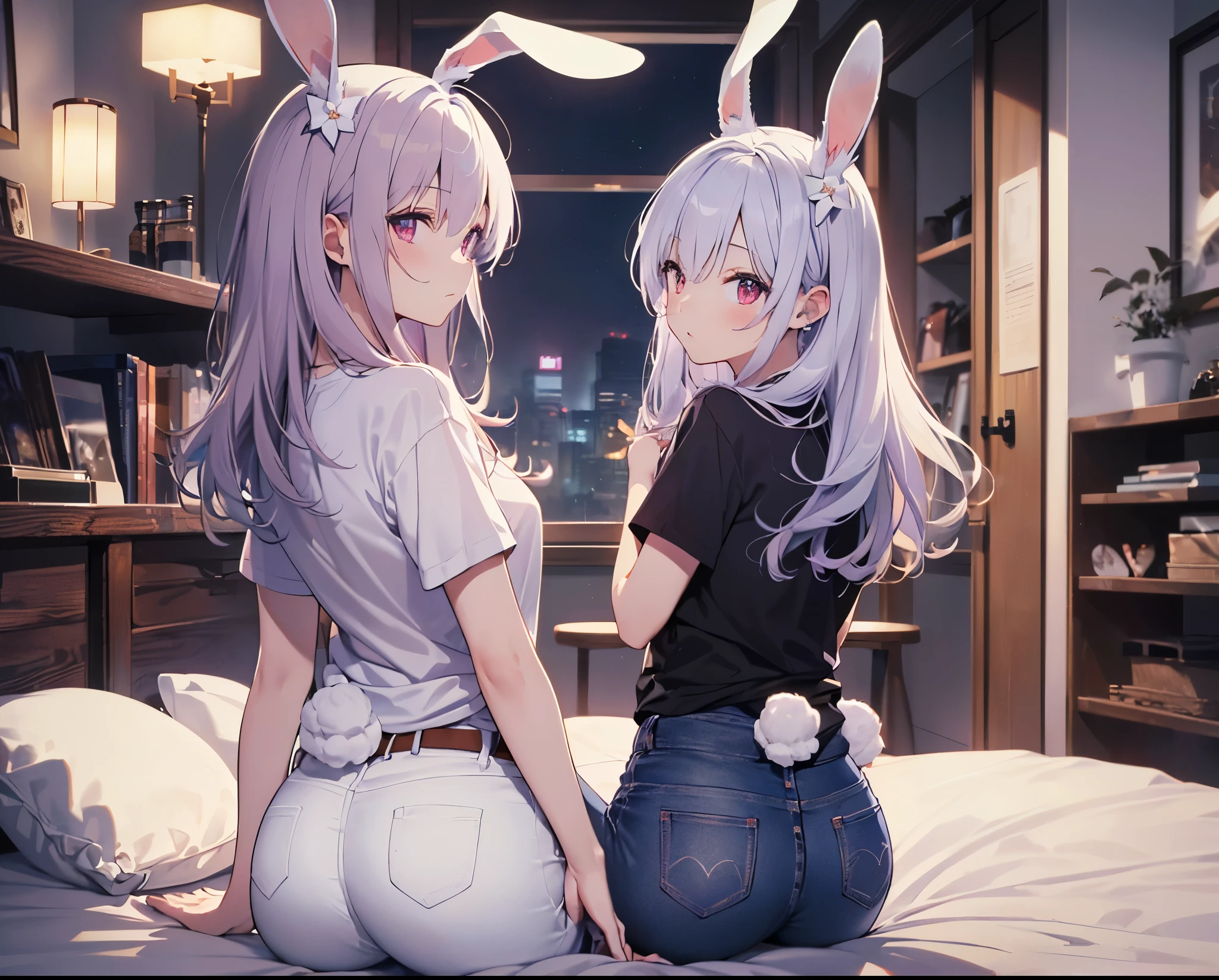 Close-up,Highest quality, Ultra Detail, High-quality CG rendering, The most delicate and beautiful, Floating softly, High resolution, (1 girl), (Highest quality,4K,8K,masterpiece:1.2) ,Light purple hair,(Bunny ears:1.5),(Long Hair:1.4),Red eyes,(Completely naked:1.5),room,Upper Body,bed,(Slightly larger breasts:1.2),,(Turn your back to your audience:1.3),Ass,うさぎの丸いAss尾,(bedに座っている:1.5)