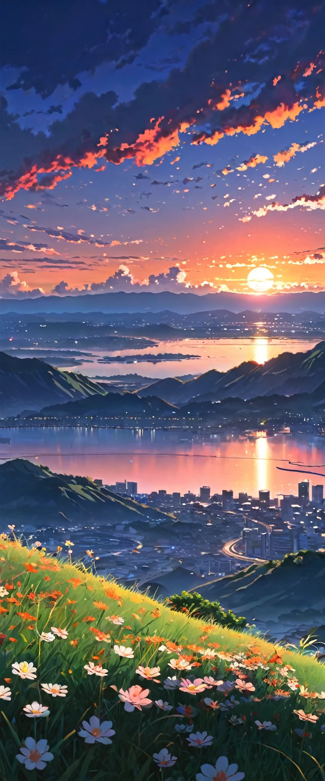Located on top of a grassy rocky hill々Beautiful little flowers,landscape, Sunset with orange and red hell clouds, anime nature wallpapers, Beautiful anime scene, Beautiful anime peace scenes, Makoto Shinkai Cyril Rolland, Beautiful scene from anime, Awesome Wallpapers, Anime Art Wallpapers 8K, Anime Background, artistic Anime Background, 4k anime wallpaper, anime art wallpaper 4k, anime art wallpaper 4k,