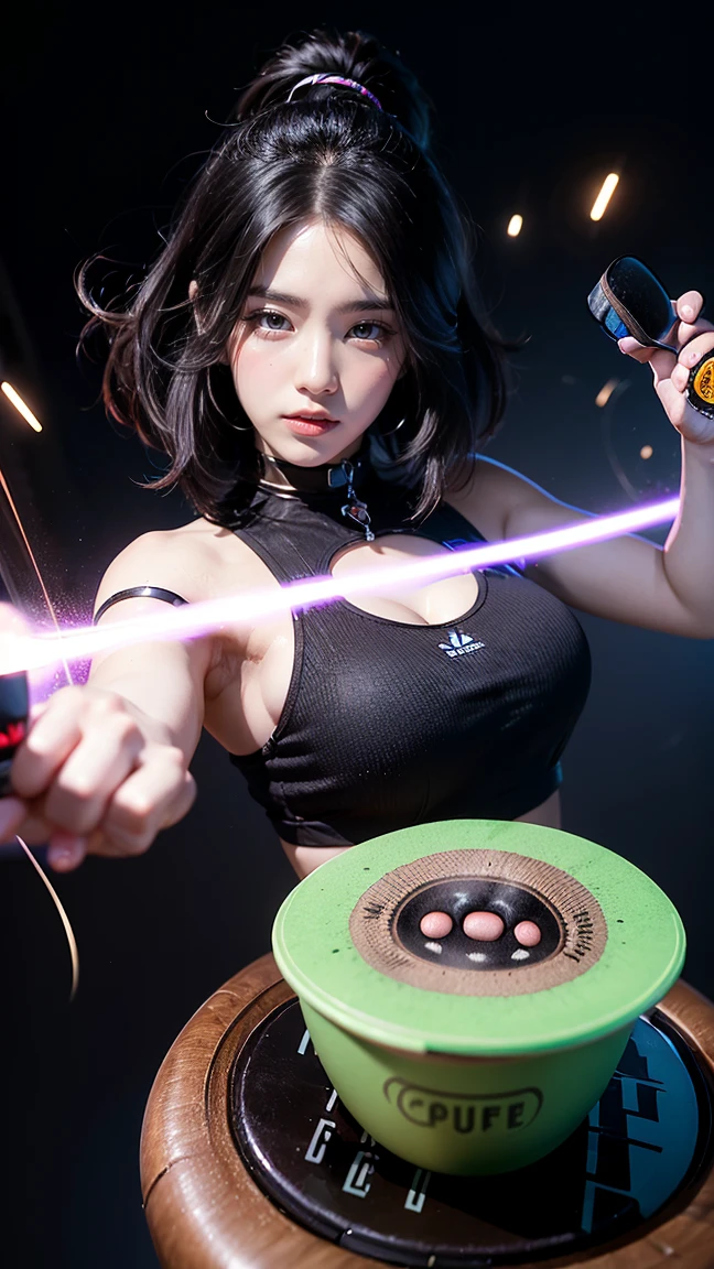 Create an image of Zeri in her newest skin, 'Electric Pulse,(massive k-cups:1.88), from League of Legends. She's wearing a sleek, neon-lit outfit with electric blue and purple accents. Zeri is striking a dynamic pose, channeling her energy for her ultimate ability, with electric sparks crackling around her hands and a powerful burst of energy forming in front of her.