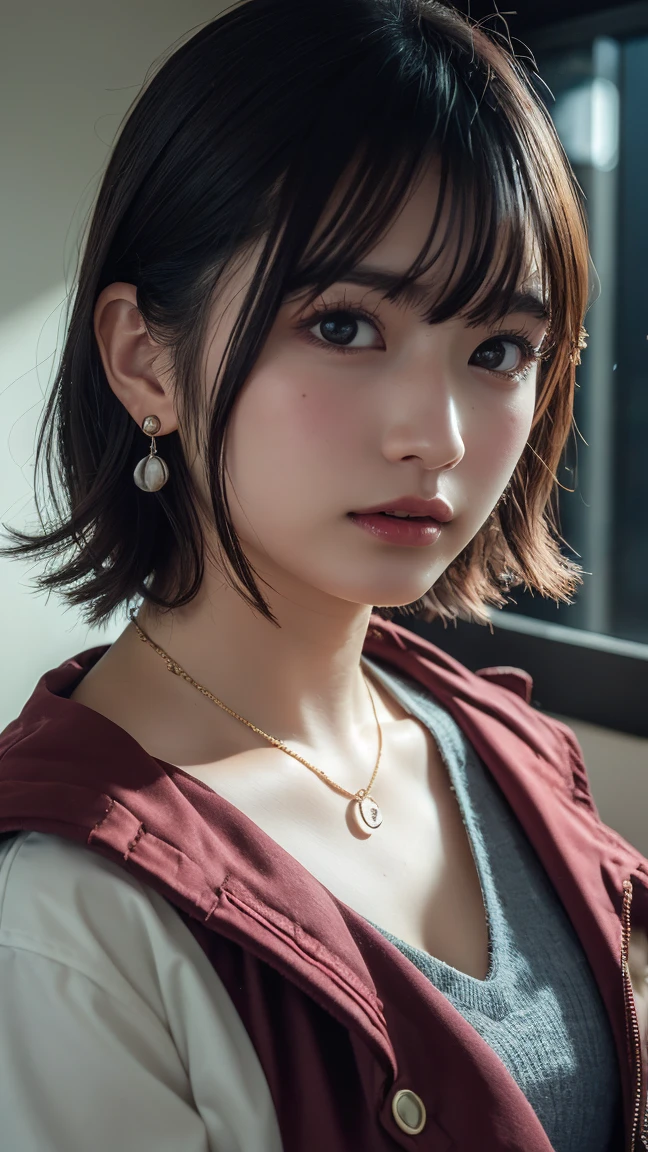 (Best quality, 8k, 32k, Masterpiece, UHD:1.2),Photo of Pretty Japanese woman, large breasts, very short bob hair,upper body,face focus,oversized_sweater, necklace, simple background, from above, looking at viewer,