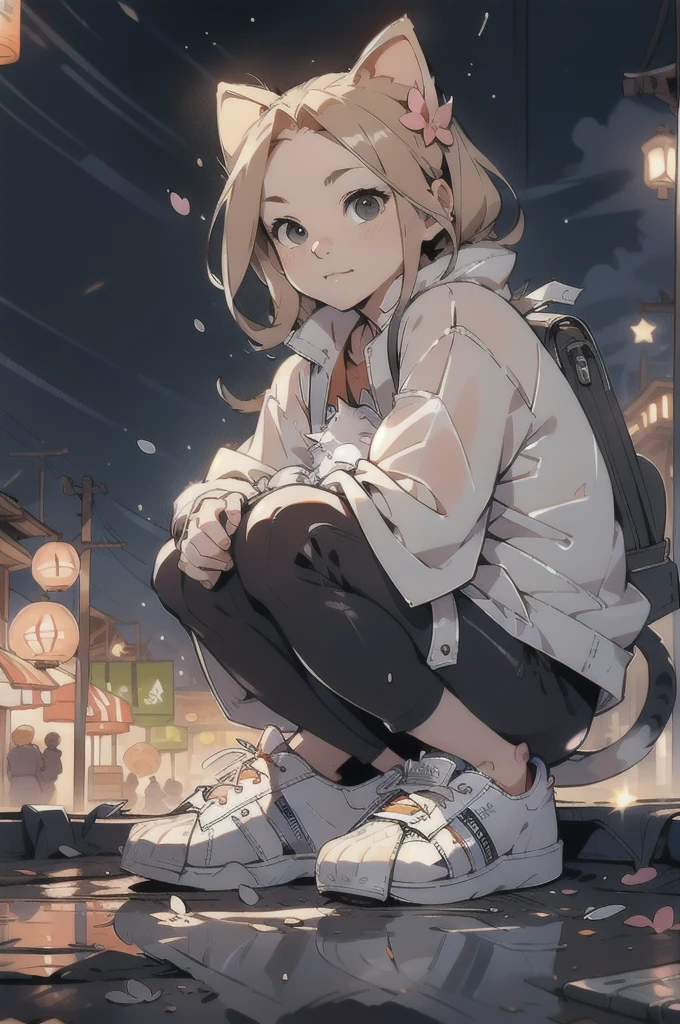 (masterpiece:1.3), (best quality:1.3), (hires, high resolution:1.3), 8k, ultra_detailed, extremely_clear, photograph, beautiful, sharp focus, hdr, BREAK
1girl, night city, rain coat, (holding a cat:1.2), backpack, blonde hair, 80's style, (white sneakers, adidas superstar:1.3), (crouching, looking at viewer), BREAK
japanese architecture, japanese style, japanese markets, lanterns, trees, flowers, bushes, (night time, rain, wet ground, reflections), BREAK
(medium close-up shot, ground level shot), (low key lighting, dimly lit, spot lit), (tilt shift, bokeh, shallow focus),
 