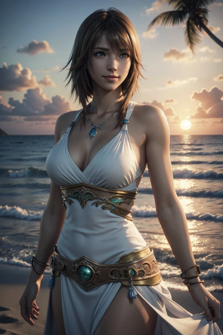 The best one,Yuna,Final Fantasy 10,FF10,Medium Hair,Brown hair,Let your bangs down,Beautiful green and blue odd eyes,,Beautiful and tall nose,Photorealistic,Ultra HD,high quality,masterpiece,Digital SLR,Detailed details,Intricate details,Anatomical basis,Depicted in detail,A detailed face,Realistic skin texture,Vivid details,Perfect Anatomy,Perfect Anatomy,Anatomically correct hand,Anatomically correct fingers,Super Detail,Complex 3D rendering,Huge ,Sexy pose,Final Fantasy 10の美しい世界,White long dress,Beautiful sunset,Beautiful beach at sunset,Fantastic beaches,Fantasy worldview,Picturesque,Pink Lips,smile,